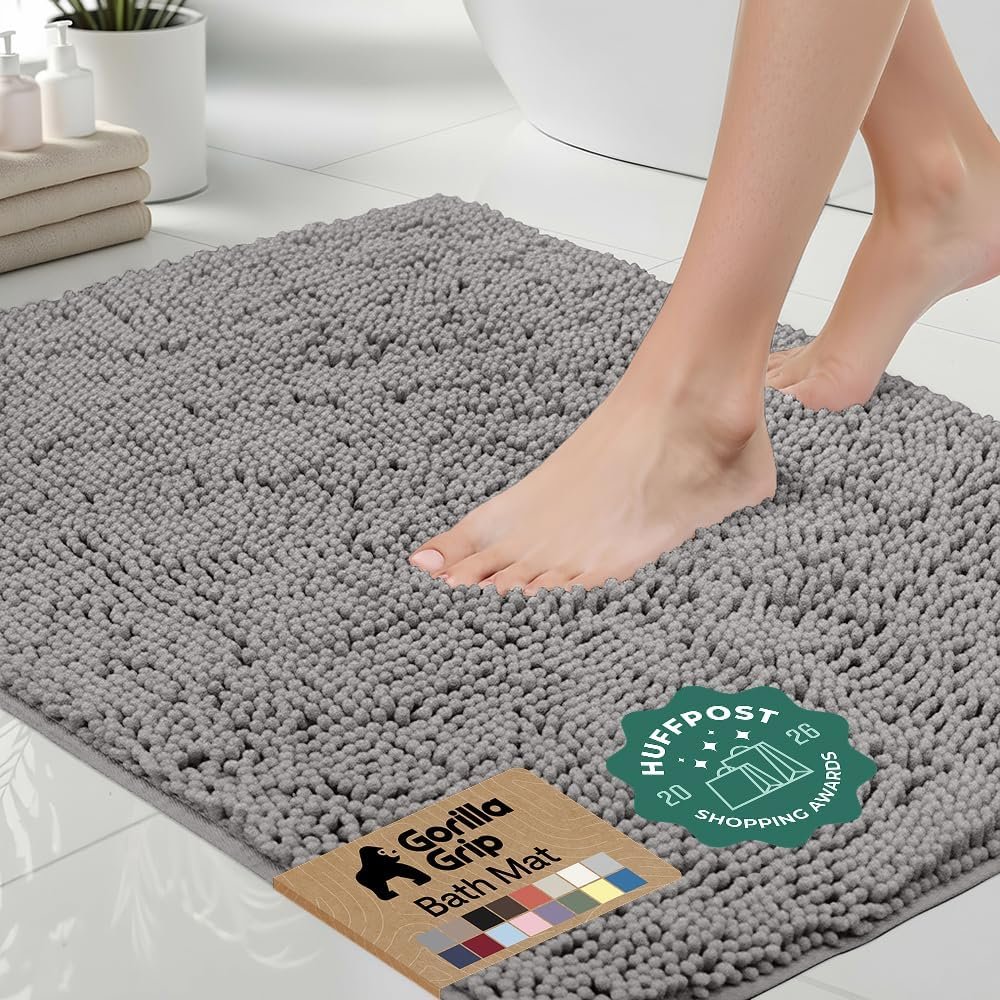 GORILLA GRIP Bath Rug Mat, Thick Soft Absorbent Chenille, Quick Dry Microfiber Mats, Rubber Backing, Machine Washable Shower Floor Rugs, Bathroom Bathmat Home Decor Accessories, 24×17 Grey