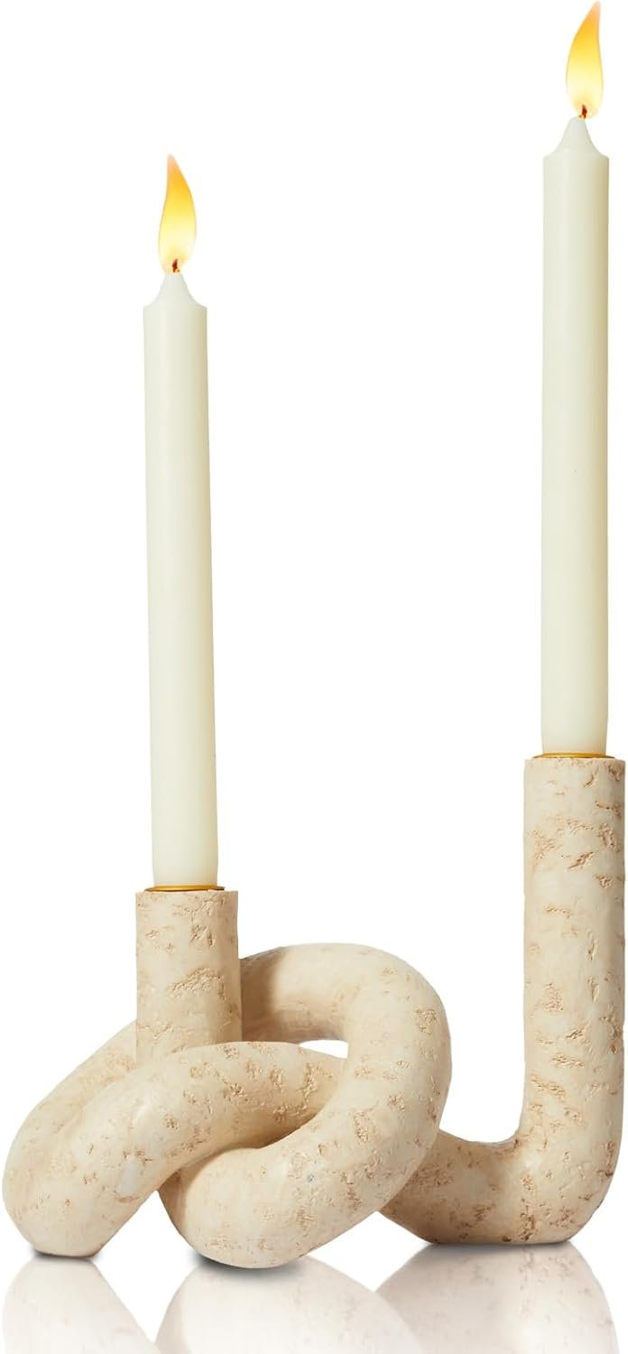 DN DECONATION Knot Shaped Taper Candle Holders – Travertine Resin Candlestick Holders, Candle Sticks Holder Boho Farmhouse Decor Coffee Table Centerpiece for Living Room Fireplace Wedding