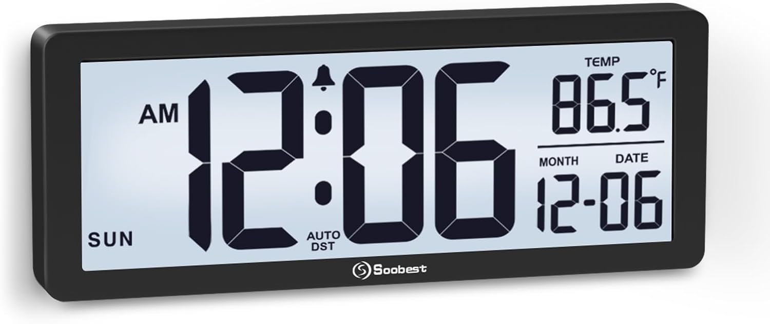 Soobest 8.5 Inch Digital Wall Clock Battery Operated with Backlight, Temperature, Date, Day & Auto DST, Black Slim Design for Elderly, Bedroom, Living Room, Office