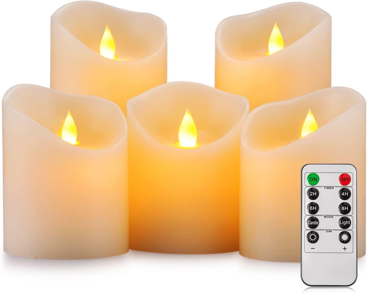 Enpornk Flameless Candles, Flickering Moving Flame LED Candles Set of 5 (Size: D: 3″ x H: 4″/4″/4″/6″/6″) Pillar Realistic Real Wax Battery Operated Candles with Remote Control 2 4 6 8 Hours Timer