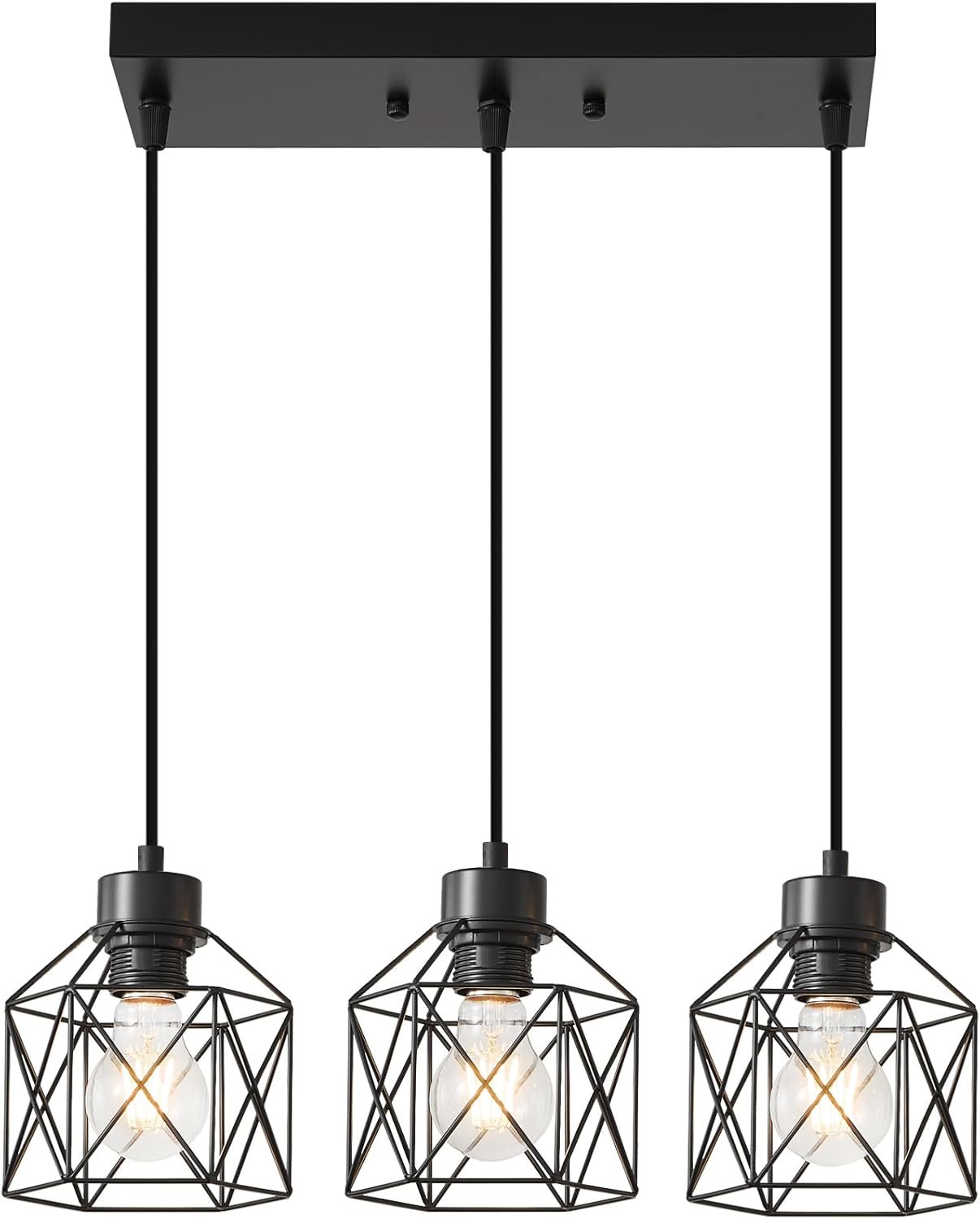 3-Light Hanging Pendant Light Fixtures, Farmhouse Kitchen Island Light Fixture, Industrial Hanging Pendant Lighting for Dining Room Bedroom Hallway, Black Metal Cage Pendant Lamp, E26 Base