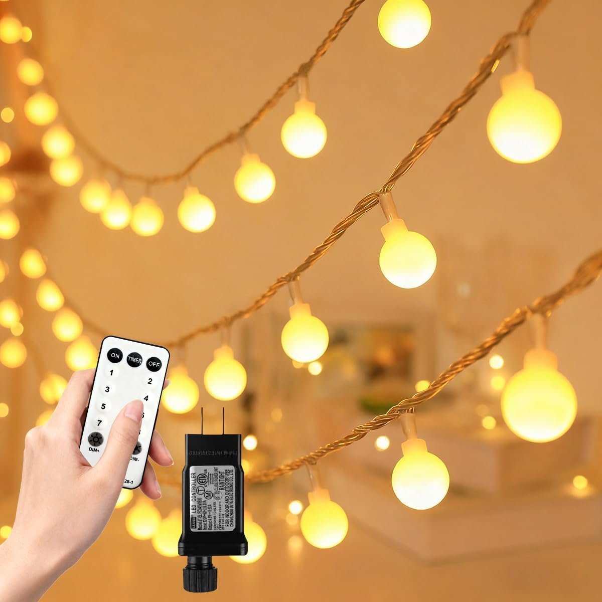 RaThun 49.2ft Globe String Lights with 16ft Extended Lead & Stable Remote – 100 LED Warm White, 8 Distinct Modes, IP44 Waterproof, UL Certified, Linkable for Indoor Outdoor Wedding Party Decor