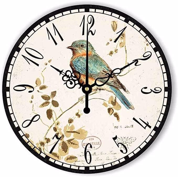 12″ Retro Vintage Clock Bird French Country Tuscan Style Non-Ticking Silent Wooden Wall Clock Quartz Battery Operated Decor Retro Design for Kitchen/Living Room/Bedroom/Farmhouse