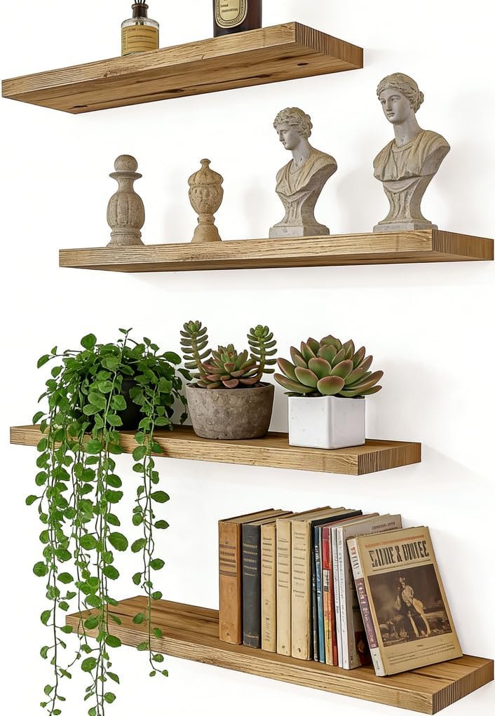 Rustic Wood Floating Shelves for Wall, Wooden Wall Shelves for Bedroom, Wall Mounted Shelves for Living Room, Set of 4 Light Brown 16 Inch