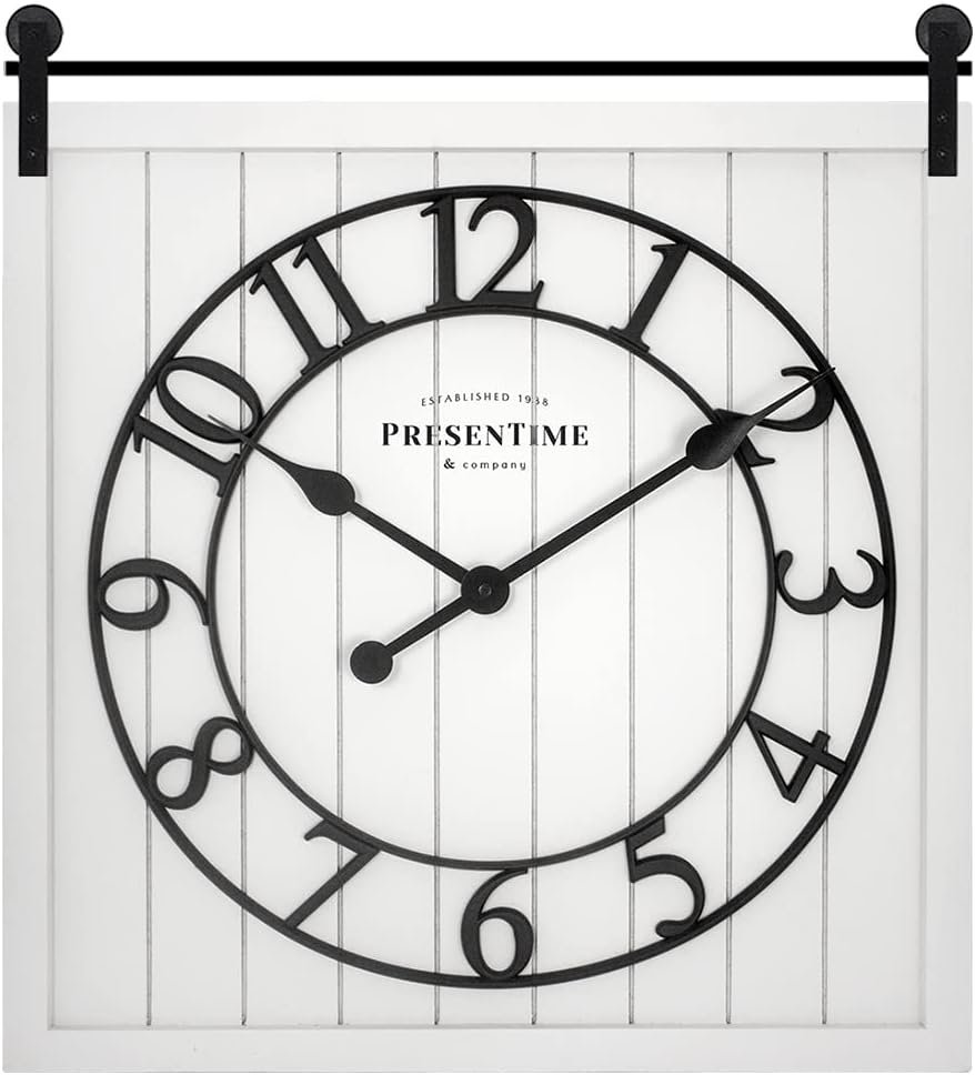 Presentime & Co Farmhouse Barn Door Clock, Shiplap Style, Cream White Color, Silent No Ticking, 3D Arabic Numeral, 23″ H x 21″ W. Home Decoration/Wall Decoration/Farmhouse Décor.