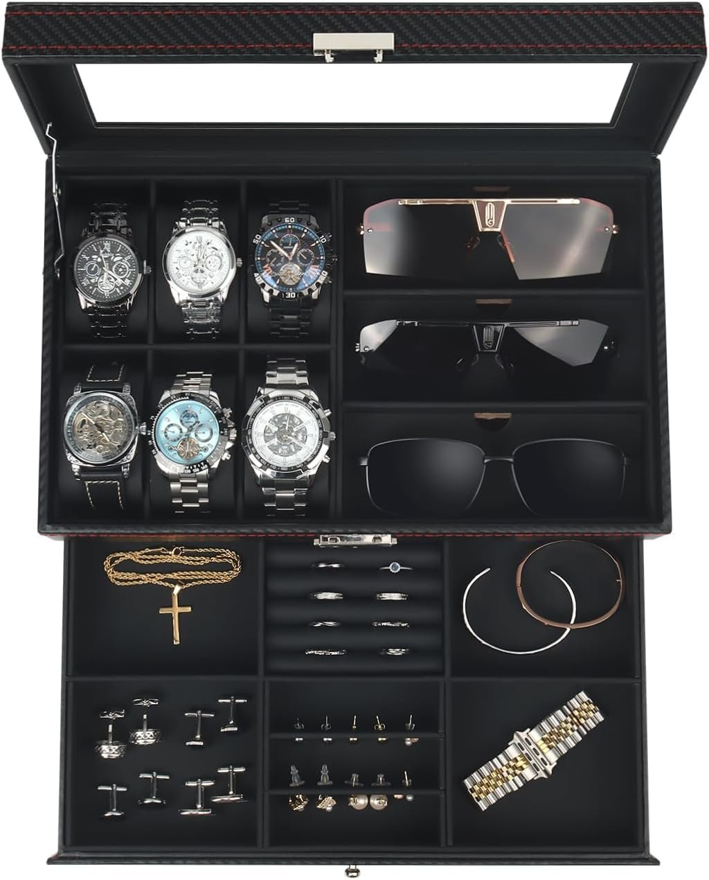 Kukikan Watch Jewelry Box Organizer, 6-Slot 2-Layer Watch Case and Sunglasses Storage with Large Glass Lid, Men’s Jewelry Box with Lock, Watch Holder Display Case, Gift for Men Women