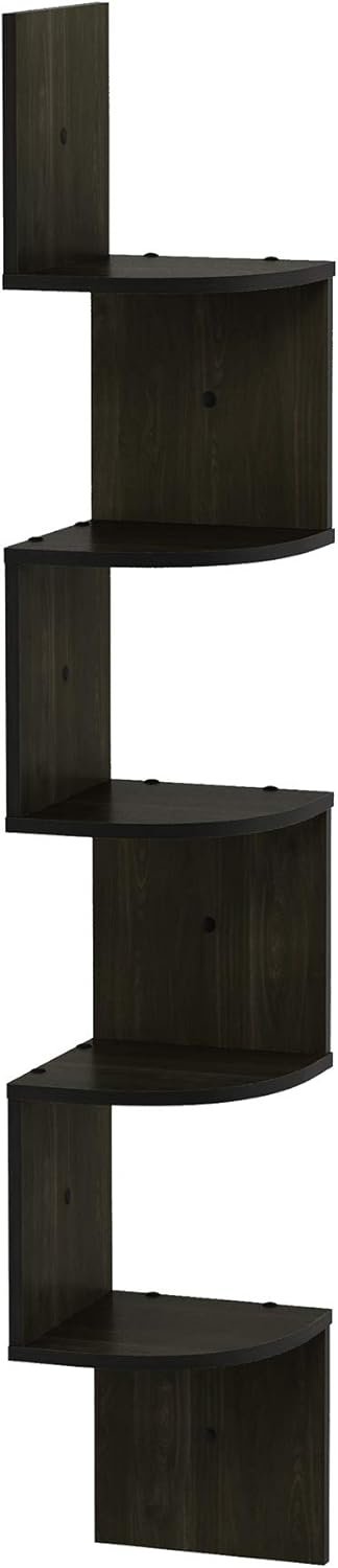 Furinno ROSSI Floating Book Shelves for Wall, 5-Tier Zigzag Corner Shelf Wall Mounted, Radial Corner Floating Shelf, for Living Room, Bedroom, Bathroom, Home Office, Espresso