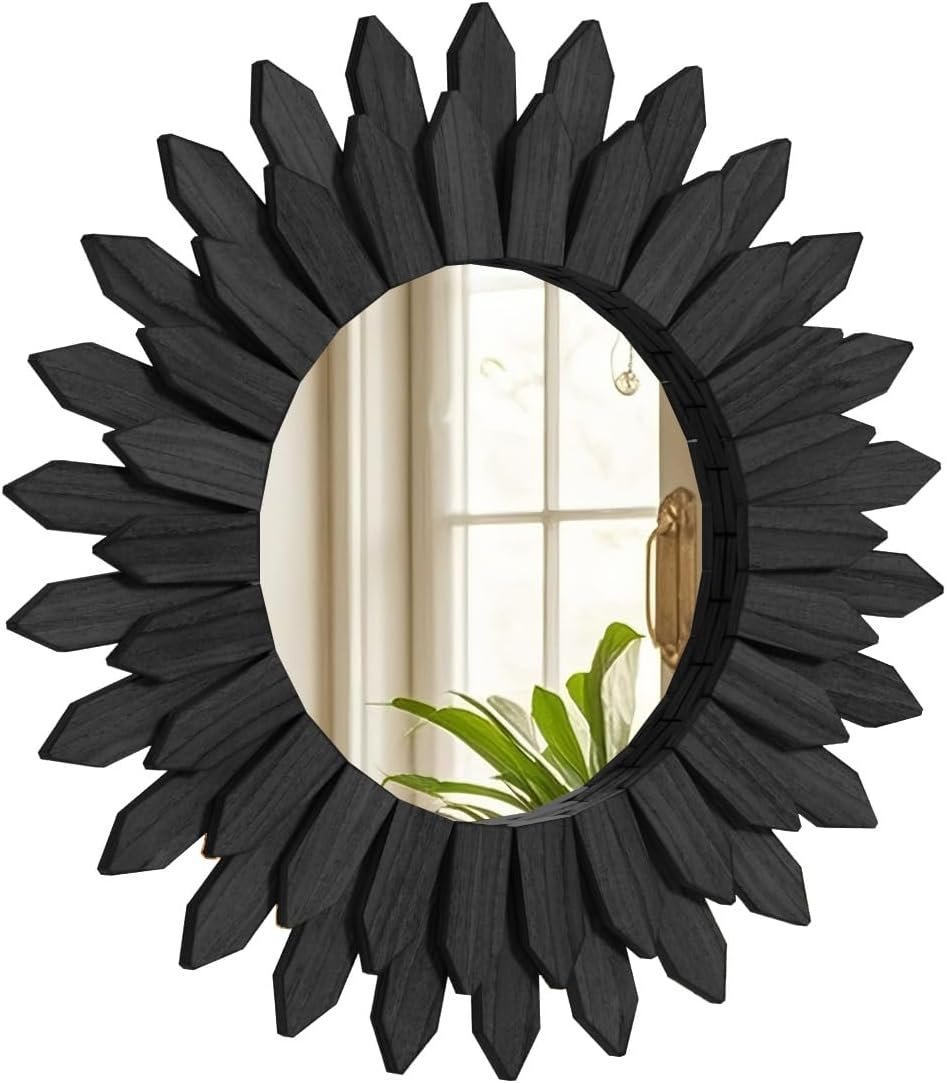20 Inch Black Boho Wall Decor Sunburst Mirror – Round Wooden Wall Decor, Handmade Rustic Circular Mirror for Living Room, Bedroom, Entryway, Office