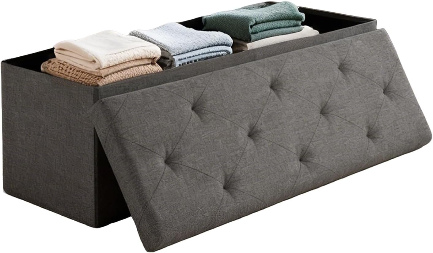 30 inch Storage Ottoman Bench, 30 inch Folding Storage Bench Ottoman, for Bedroom, Living Room, and Utility Room, Grey (30” W)