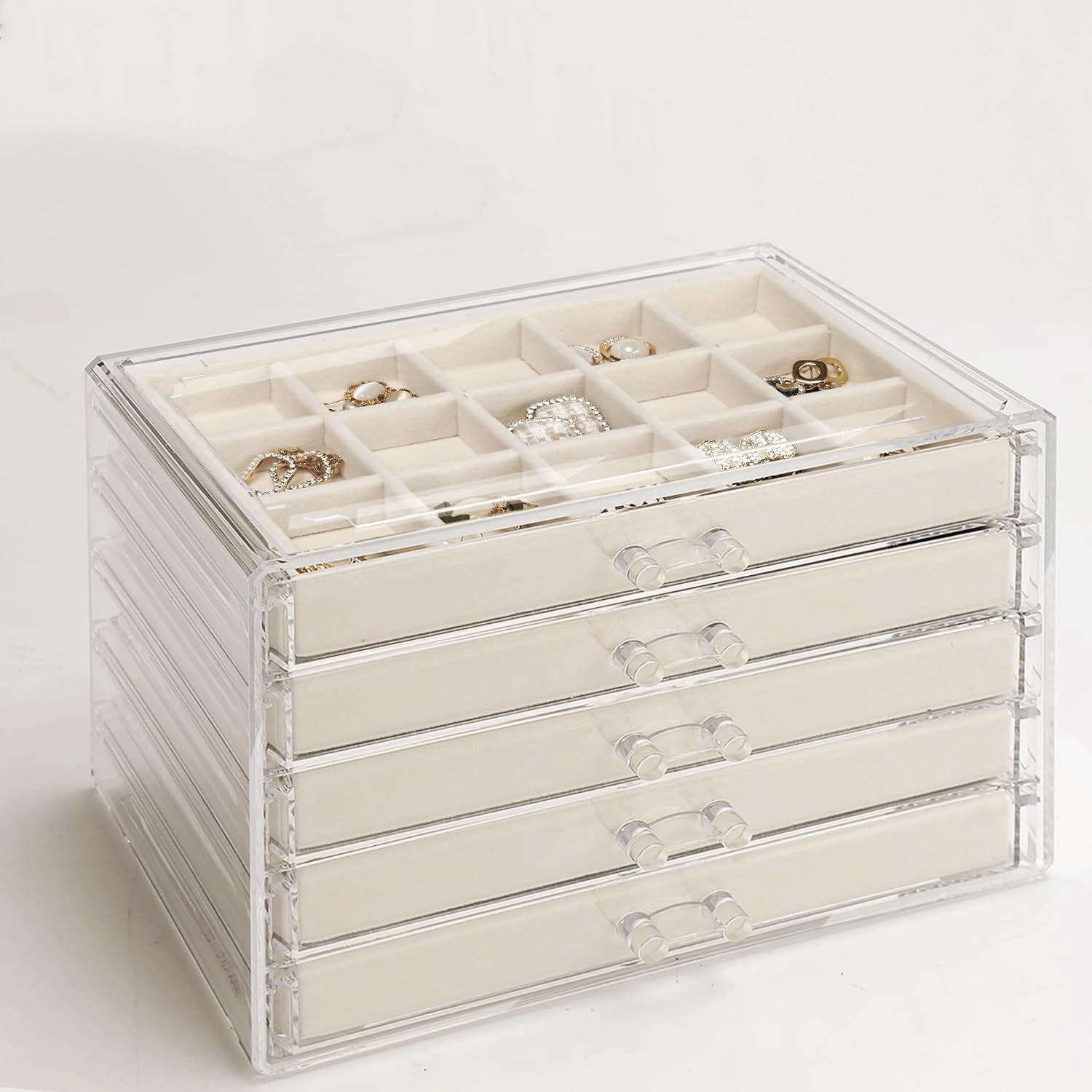 GUOER 5 Drawers Clear Jewelry Box for Women and Girls, Acrylic Earring Holder Organizer Ring Holder Display Storage, Mother’s Day Warm White