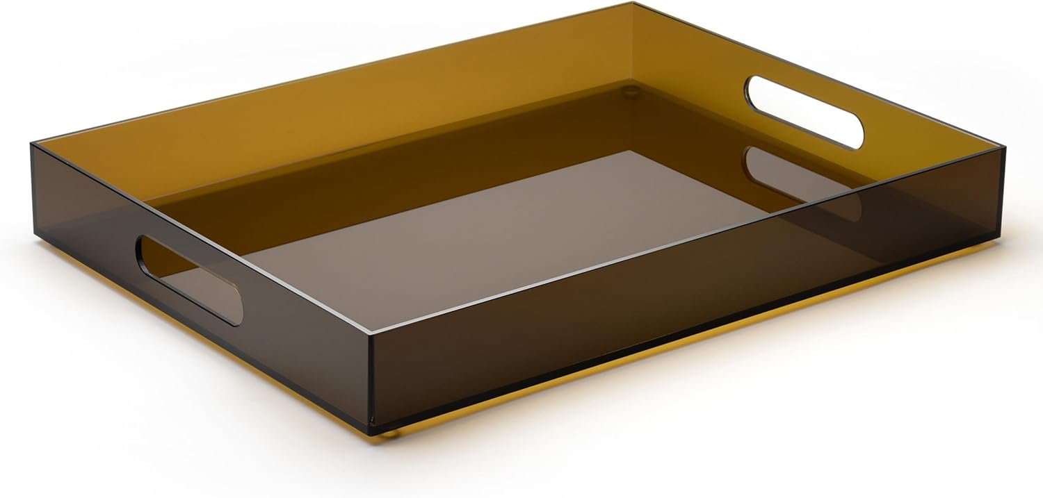 ATZYmolin 16″x12″ Large Acrylic Serving Tray Decorative Ottoman Coffee Table Vanity Tray Tea Fruit Platter Snack Appetizer Dessert Drink with Handles for Bar Kitchen Party, Amber