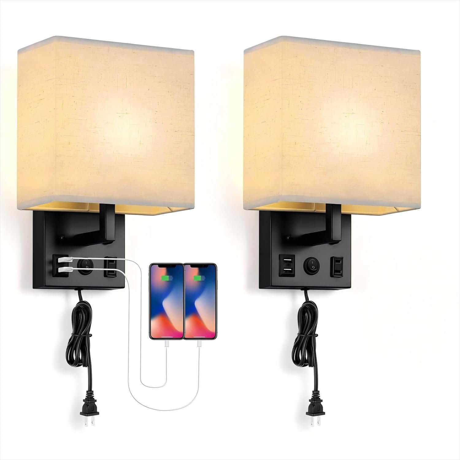 BTY Modern Wall Sconces Set of 2, Wall Lamps Bedroom Plug in with USB Charging Ports AC Socket Sconces Wall Lighting for Living Room Hallway, Black(2 Bulbs Included)