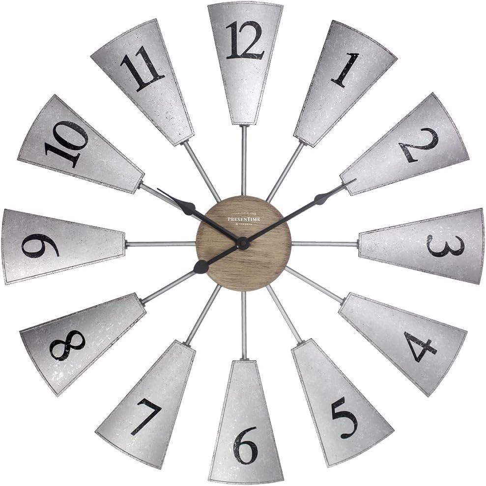 Presentime & Co. 24″ Lorenzo Farmhouse DIY Windmill Clock, Indoor/Outdoor Clock, Silent no Ticking, Wall Décor, Wall Art and Timepiece for Home Decoration, Galvanized and Light Gray Oak Finish
