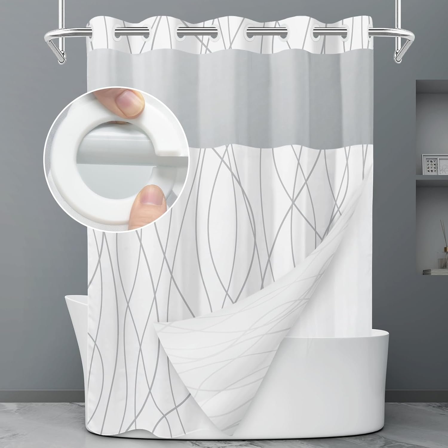 LXBNI No Hook Grey White Striped Shower Curtain with Snap in Fabric Liner Set – Hotel Liner Set with See Through Mesh Top Window,Machine Washable, 71×74 INCH