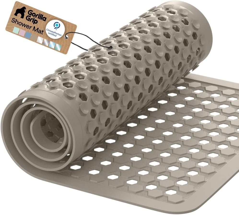 GORILLA GRIP Patented Bath Tub Shower Mat, Machine Washable Bathtub Floor Liner Mats, Suction Cups and Drain Holes to Keep Tubs Clean, Soft on Feet, Bathroom Essentials, 35×16 Inch, Beige