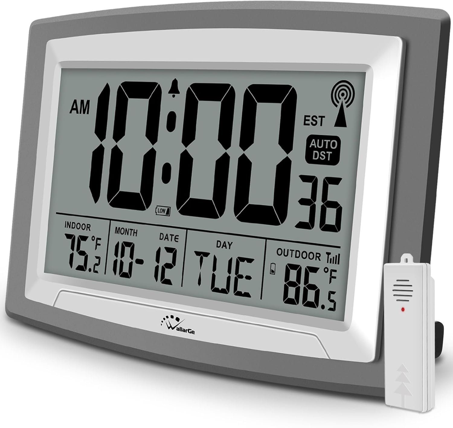 WallarGe Atomic Clock with Outdoor and Indoor Temperature – 12.5 Inch Self-Setting Digital Clock Large Display, Battery Operated Wall Clocks or Desk Clocks for Bedroom, Livingroom, Office