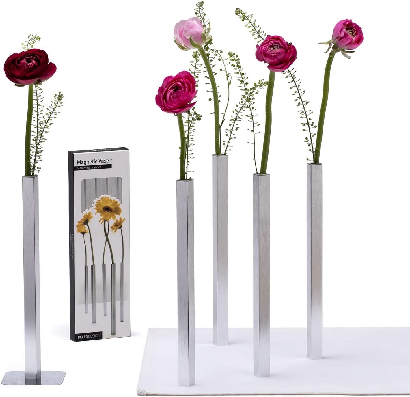 PELEG DESIGN Magnetic Bud Vase Set (Silver) – Unique Home Decor Gift & Modern Table Centerpiece – 5 Aluminum Single Stem Vases – 9.4″ Tall Gravity Defying Decor