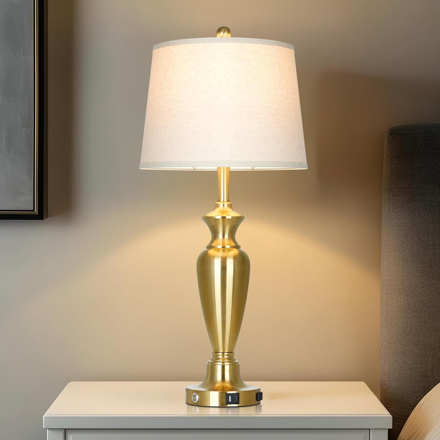 Gold Table Lamp for Living Room Single, 30″ Tall Touch Control Bedside Lamp for Nightstand, 3-Way Dimmable Bedroom Lamp with USB A+C Ports and AC Outlet (1 Pack)