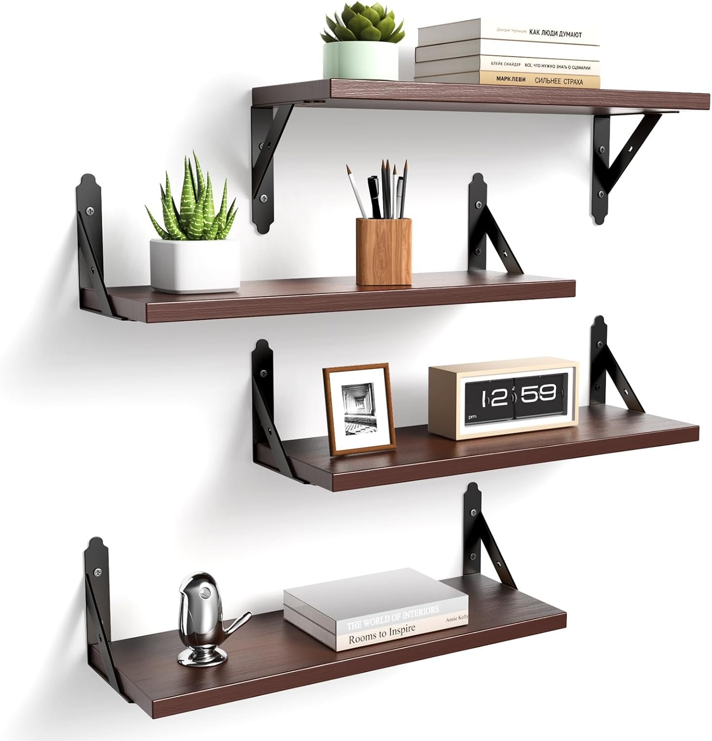 ROMGUAR CRAFT Wood Floating Shelves Set of 4, Rustic Storage Decor Wall Shelves, Wall Mounted Shelf for Living Room, Bedroom 17″ x 6″, Brown