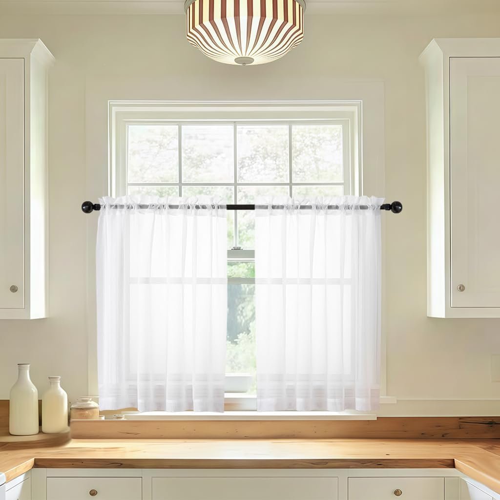 LIVEKID White Sheer Kitchen Curtains 36 Inch Length – Light Filtering Short Curtains 2 Panels, Airy Voile Textured Soft and Elegant Half Window Treatments for Bathroom/Cafe, W42 x L36