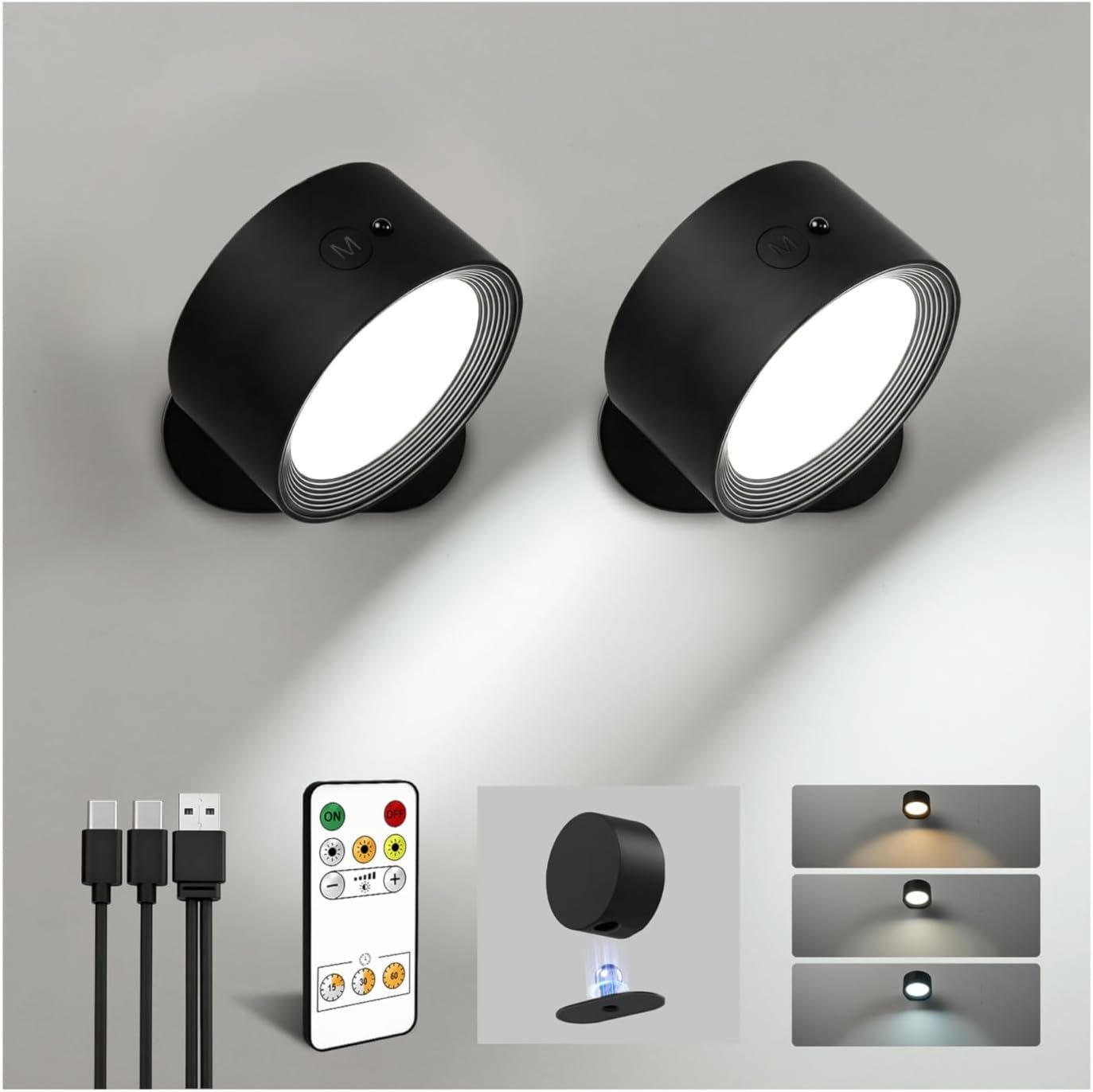 LED Wall Mounted Lights, Rechargeable Wall Sconces Lamp, 3 Color Temps & Remote and Touch, 360°Rotation Dimmable Cordless Wall Light for Study Bedroom Reading Bedside(Black, 2 Pack)