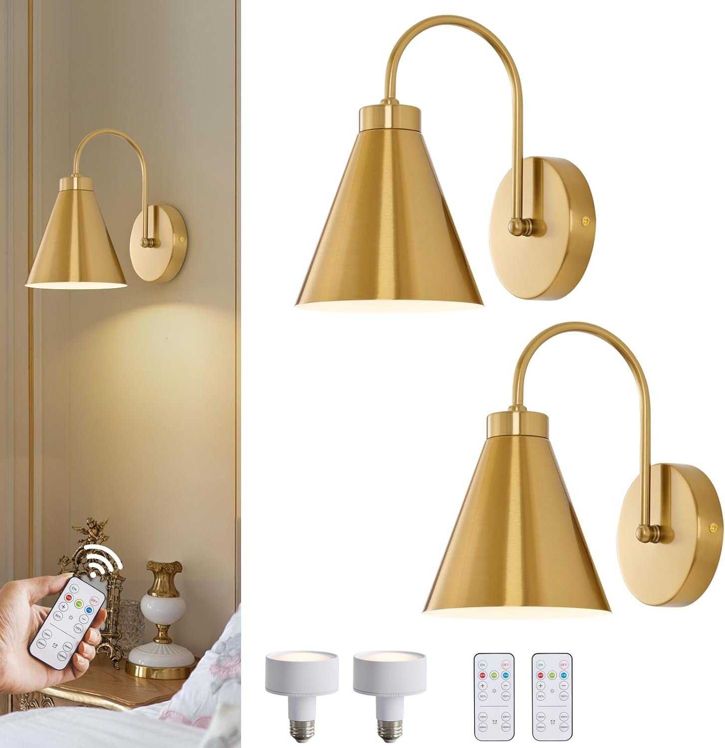 Powfloven Vintage Rechargeable Wall Sconces Set of 2, Gold Battery Operated Bedside Wall Lamps with Remote Control, Wireless Gooseneck Indoor LED Lights Fixture for Bedroom Hallway
