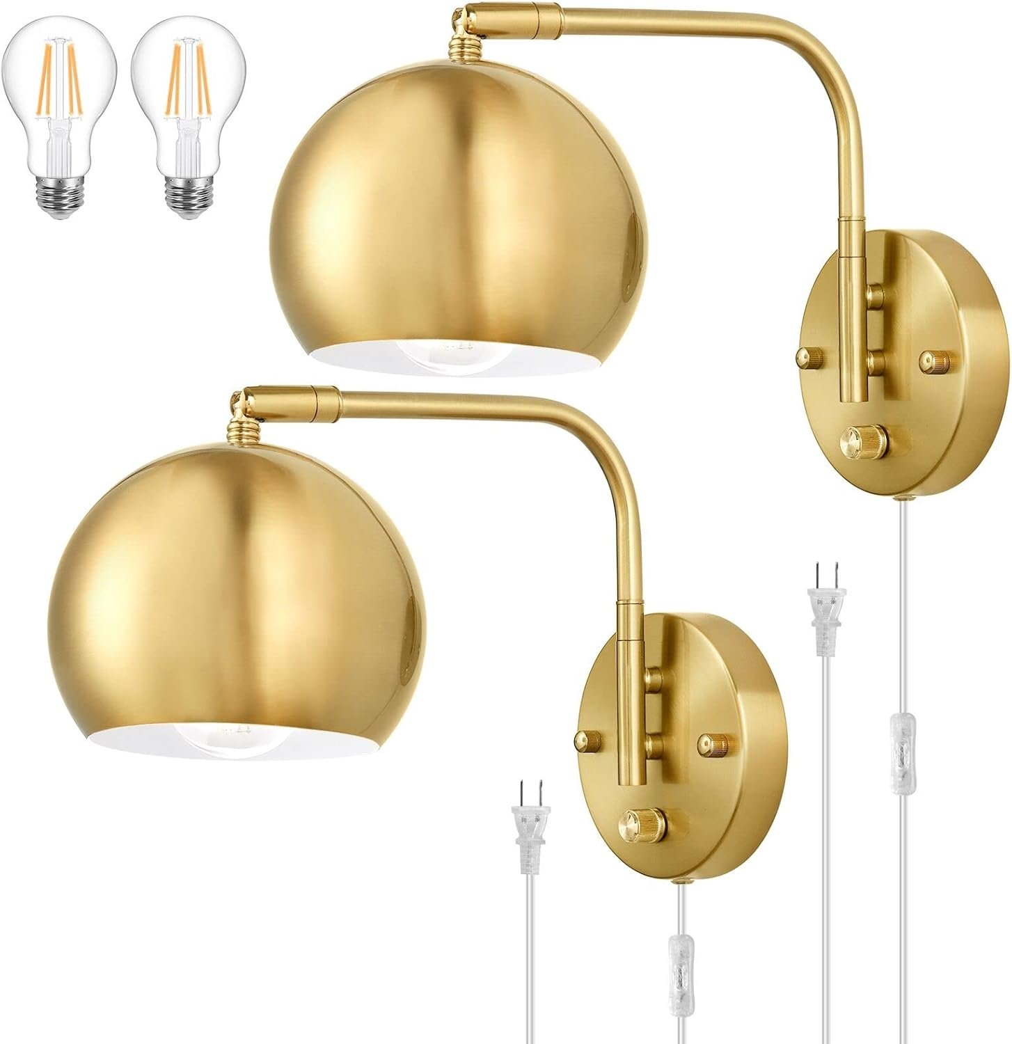 VATONI Wall Sconces Plug in, Dimmable Wall Sconce Swing Arm Wall Lights with Plug in Cord and Dimmer On/Off Knob Switch, Brushed Brass Globe Wall Light for Bedroom Bedside Hallway(2 Bulbs Included)
