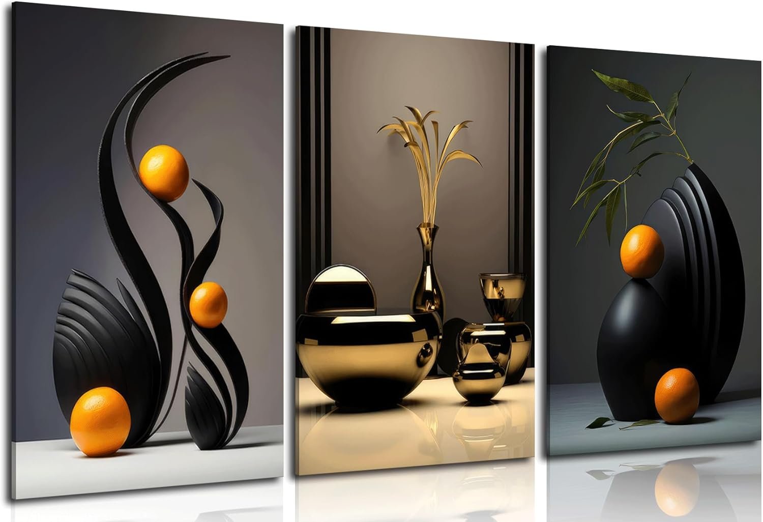 Framed Black Abstract Canvas Wall Art Three-Dimensional Sculpture Ceramic Wall Deco Pictures Modern Still Lifes orange Black Shape Posters Prints for Living Room Bedroom Bathroom Home Decoration