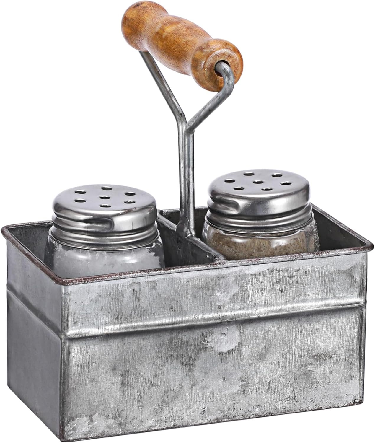 JUXYES Farmhouse Salt and Pepper Shakers with Metal Holder, Vintage Salt and Pepper Glass Jar in Galvanized Metal Carrying Caddy, Rustic Salt and Pepper Set for Restaurant Dining Table Decor