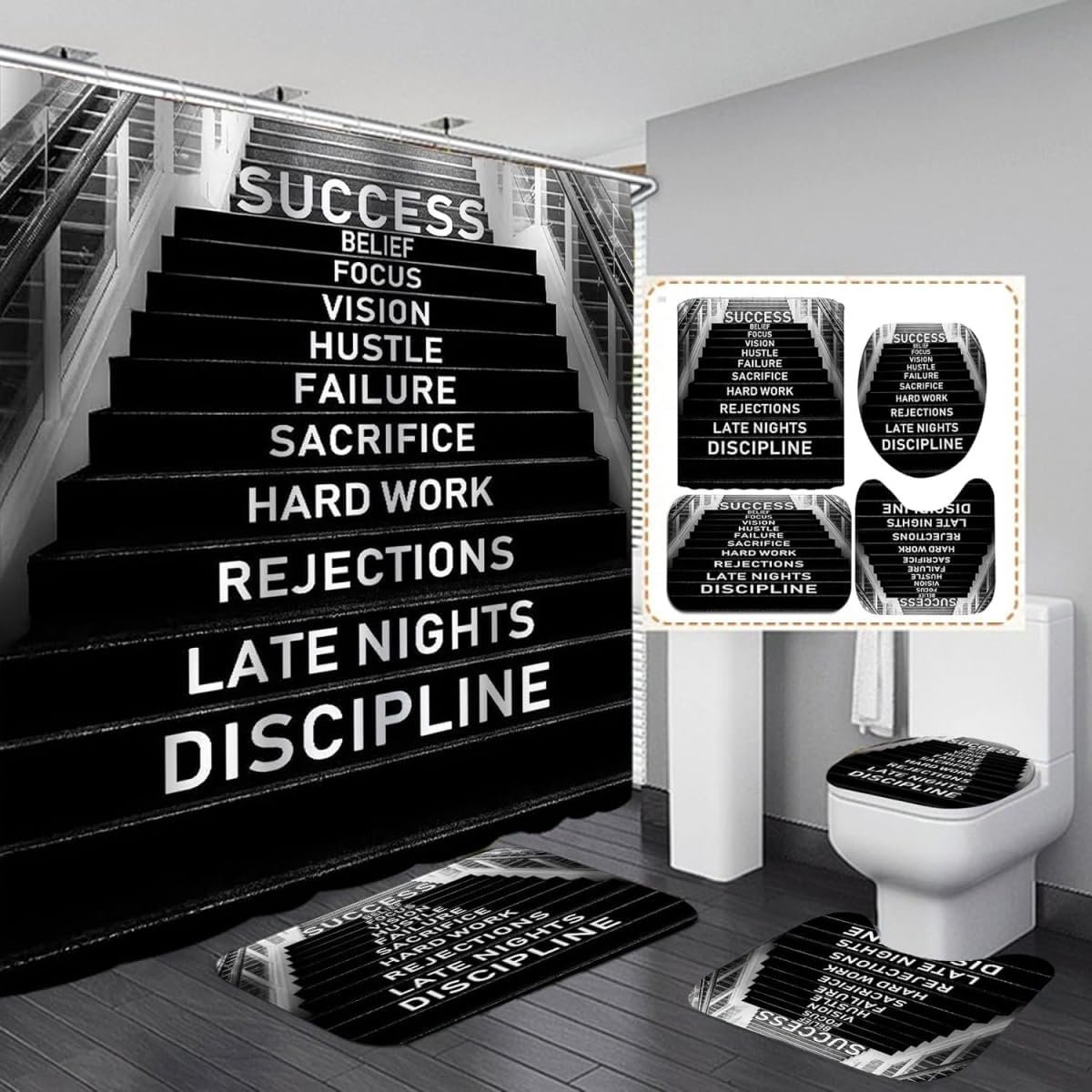 4PCS Modern Motivational Shower Curtain Sets with Non-Slip Rugs Toilet Lid Cover and Bath Mat,Black and White Art Stairs Bathroom Decor Set Accessories Waterproof Shower Curtains with 12 Hooks