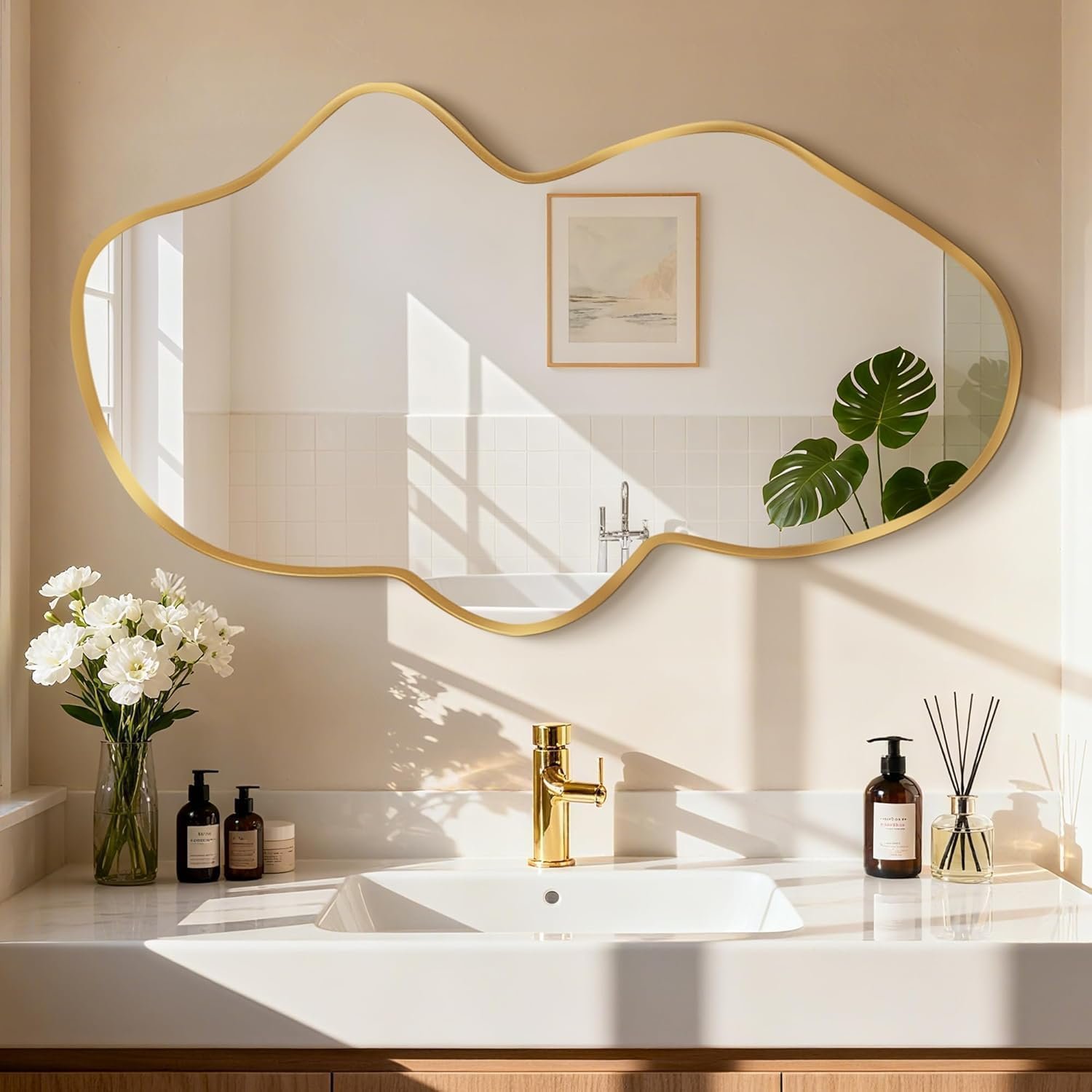 Irregular Wall Mirror, Gold Bathroom Wavy Abstract Mirror for Over Sink, Decorative Cloud-Shaped Wall Mirror, Stylish Shatter-Proof HD Mirror for Bedroom, Entryway (22″x36″, S, 1 Pack)