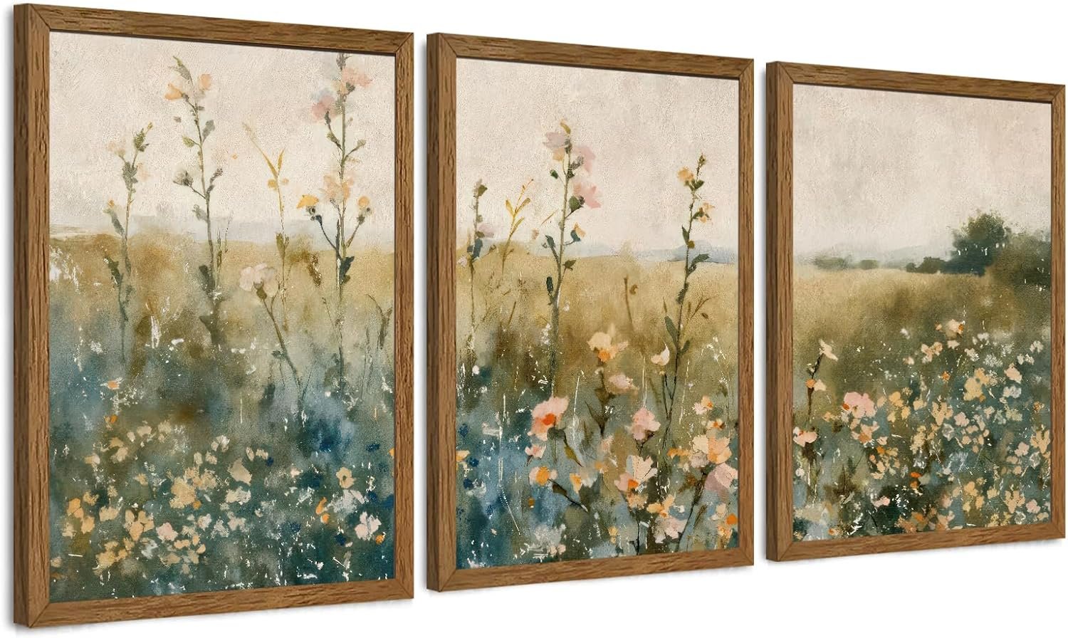 AVECCO 3 Pieces Framed Vintage Wildflower Canvas Wall Art, Nature Floral Artwork Wall Decor, Rural Botanical Art Prints for Bedroom Living Room Office Home Decoration Ready to Hang 16×24 Inch