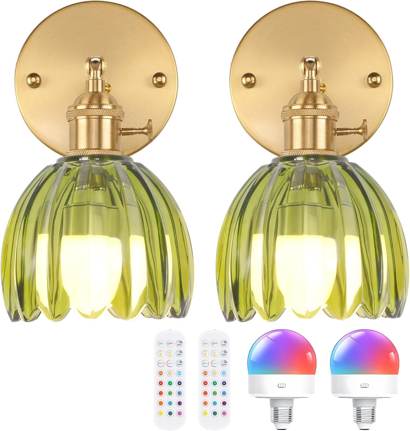 Shenmoyl Vintage Battery Operated Wall Sconce with Green Tulip Glass Lampshade Rechargeable Battery Powered Wall Light with Remote Control for Bedside Bedroom Doorway, Set of 2