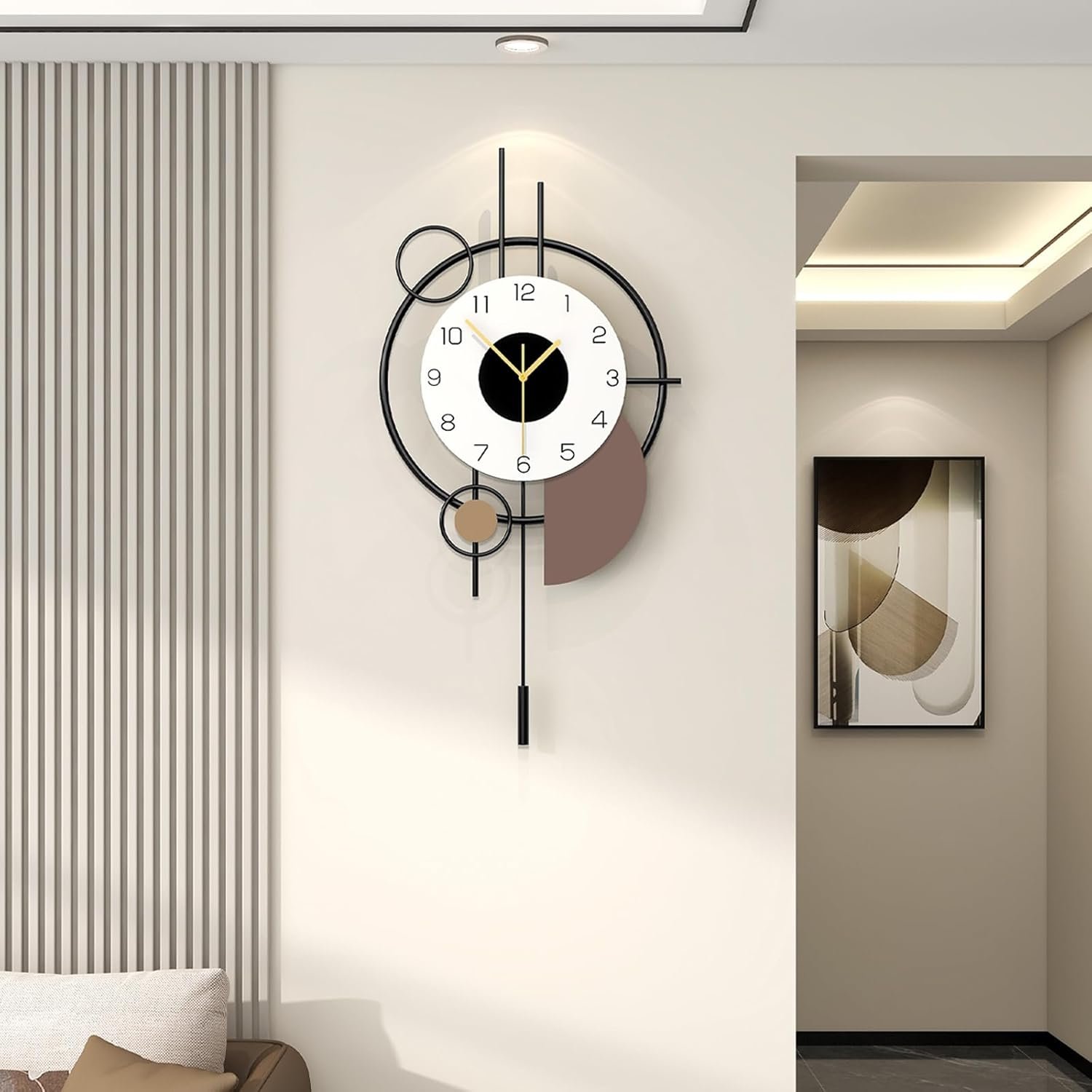 Large Modern Wall Clock for Living Room Decor Big Decorative Silent Wall Clock with Pendulum 14 Inch Black Metal Qulity Quartz Clock Battery Operated Non Ticking for Kitchen Office Bedroom