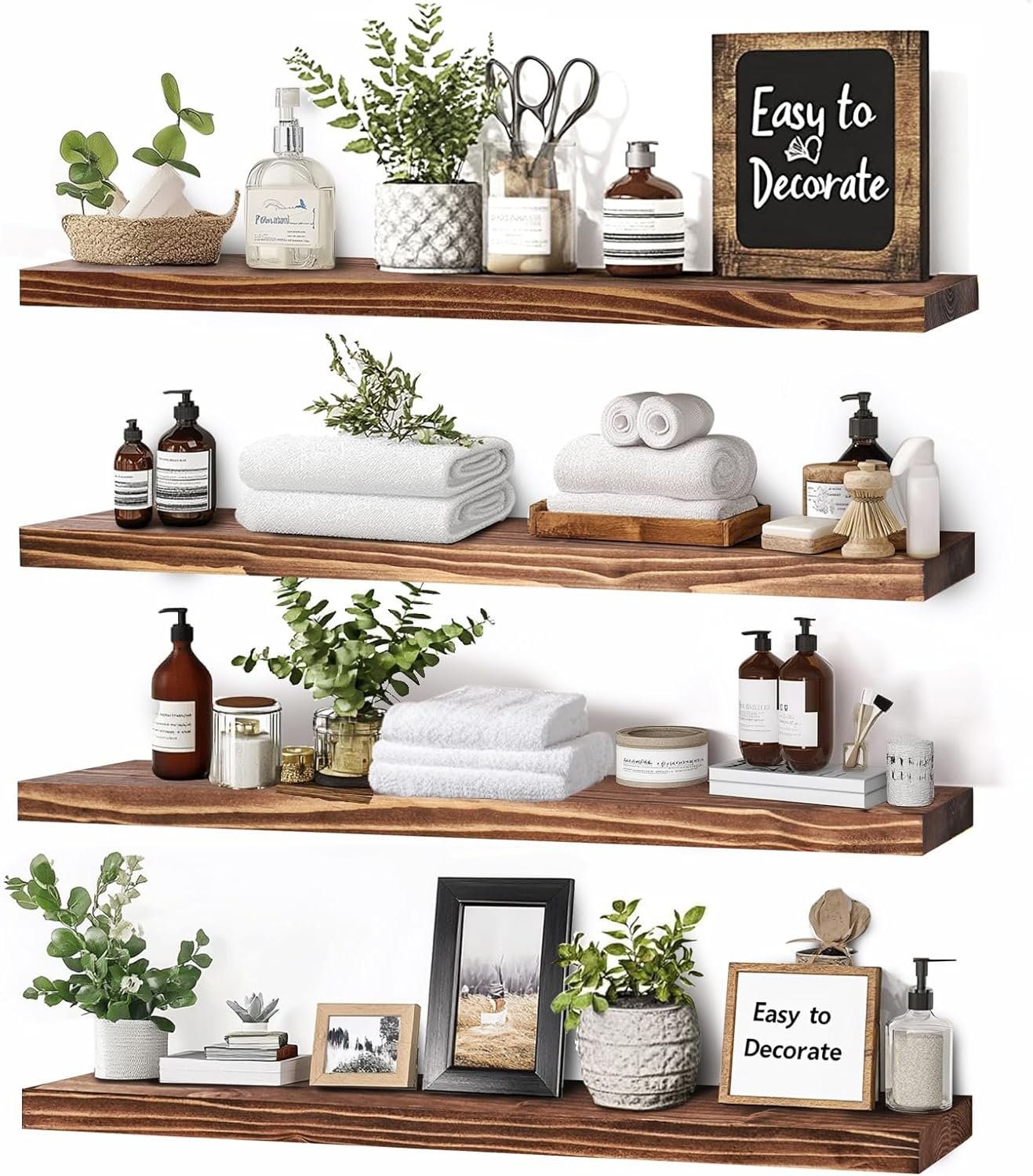 Floating Wall Shelves 4-Pack – Rustic Brown 16-inch Wooden Wall Shelves for Storage and Décor, Multi-Functional and Easy to Install for Living Room, Bedroom, and Kitchen