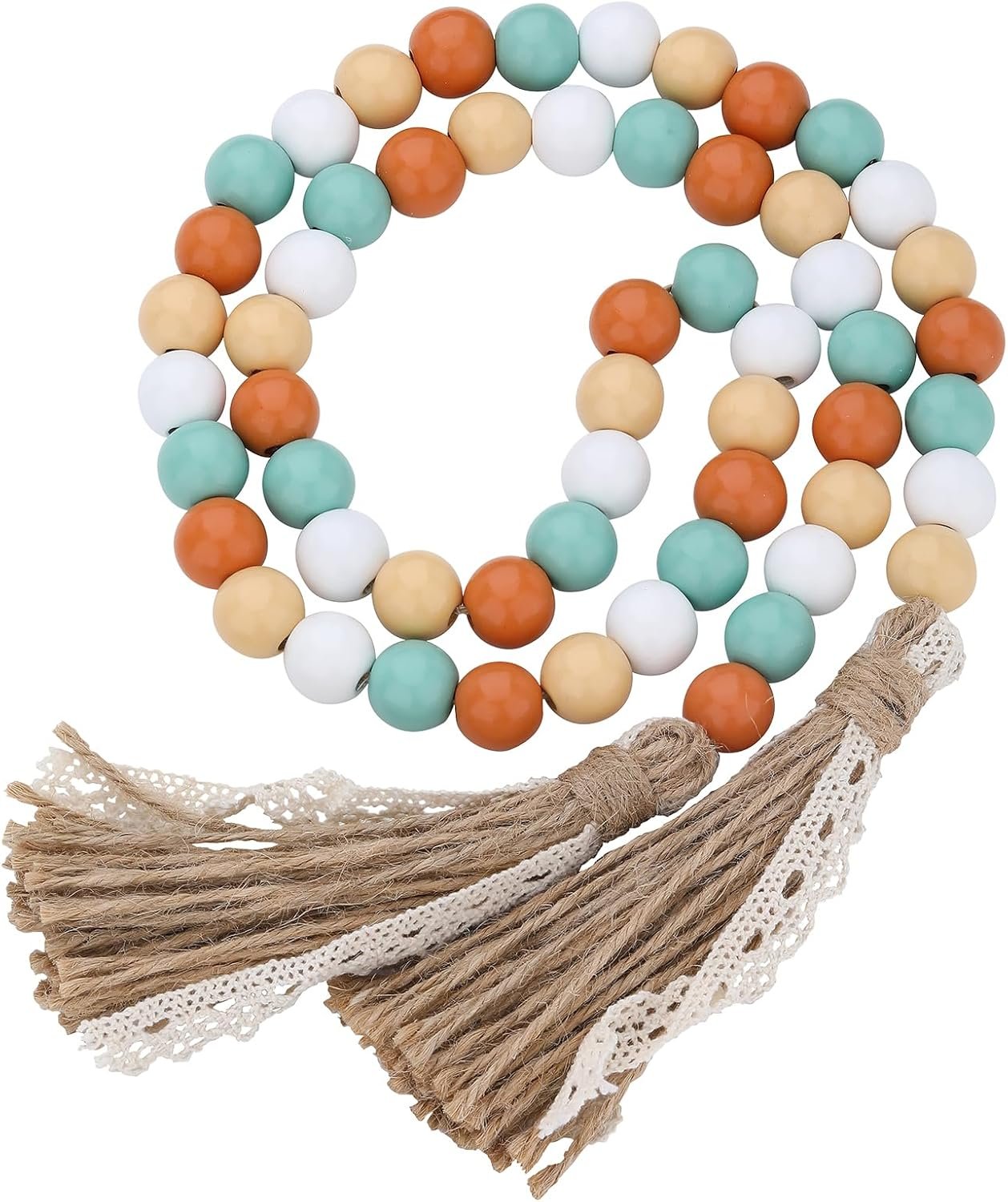 Fall Decorations Harvest Wood Bead Garland with Tassel, Home Farmhouse Tiered Tray Decor with Jute Rope Plaid Tassel Rustic Fall Décor for Mantle Porch Door Shelf Orange White Rae Dunn Autumn Beads