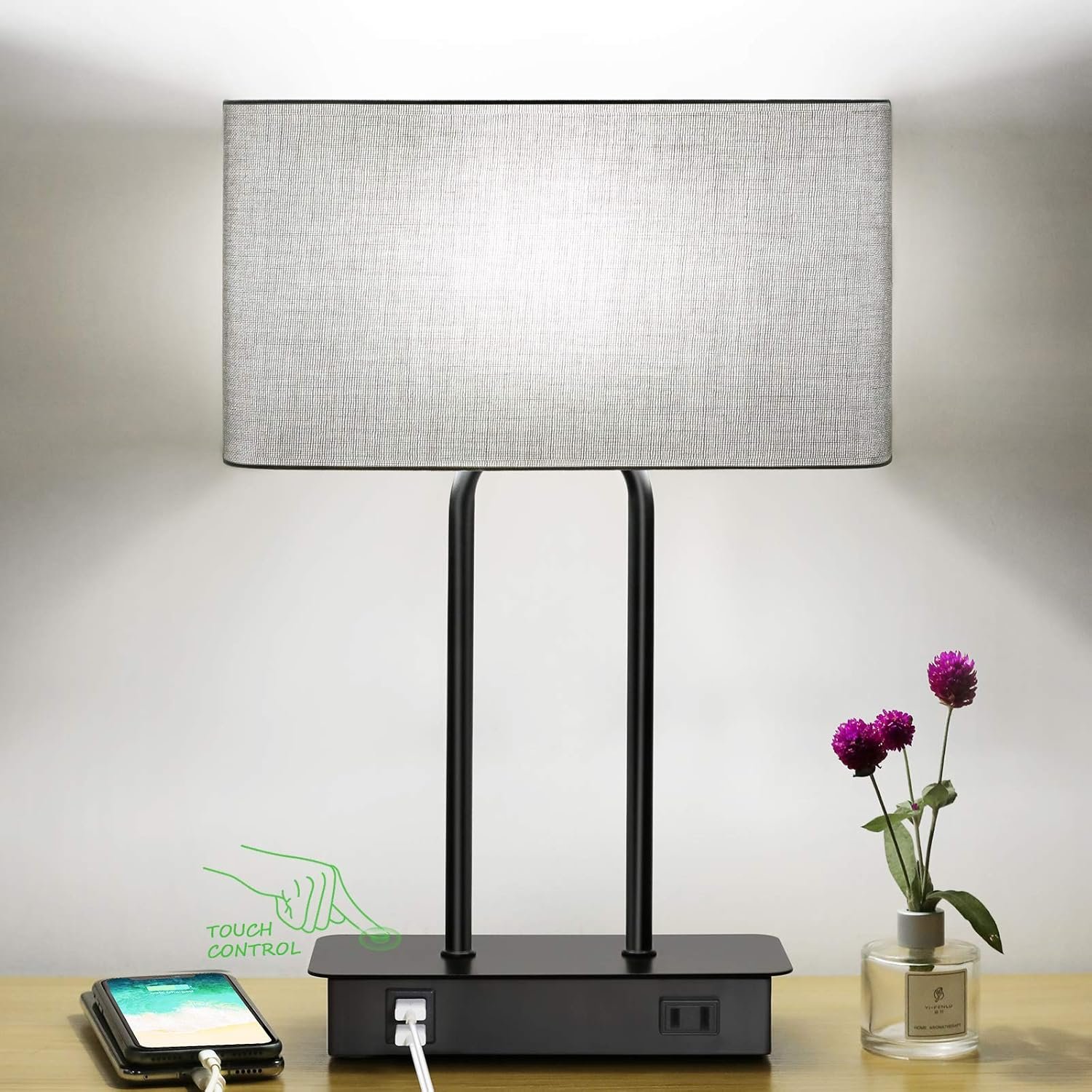 Lakumu Bedside Touch Control Table Lamps with Dual USB Charging Ports 1 AC Outlet, 3 Way Dimmable Modern Nightstand Lamp with Grey Fabric Shade, Desk Lamp for Bedroom Living Room with 5000K LED Bulb
