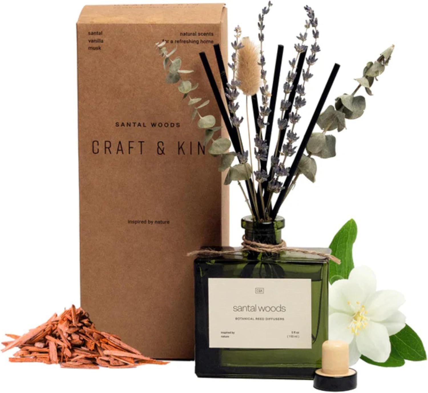 Craft & Kin Reed Diffuser with Dried Flowers | 5 oz Santal Woods Scented Reed Diffusers for Home, Bathroom | Scent Sticks | Elegant Fragrance Home Decor for Men & Women