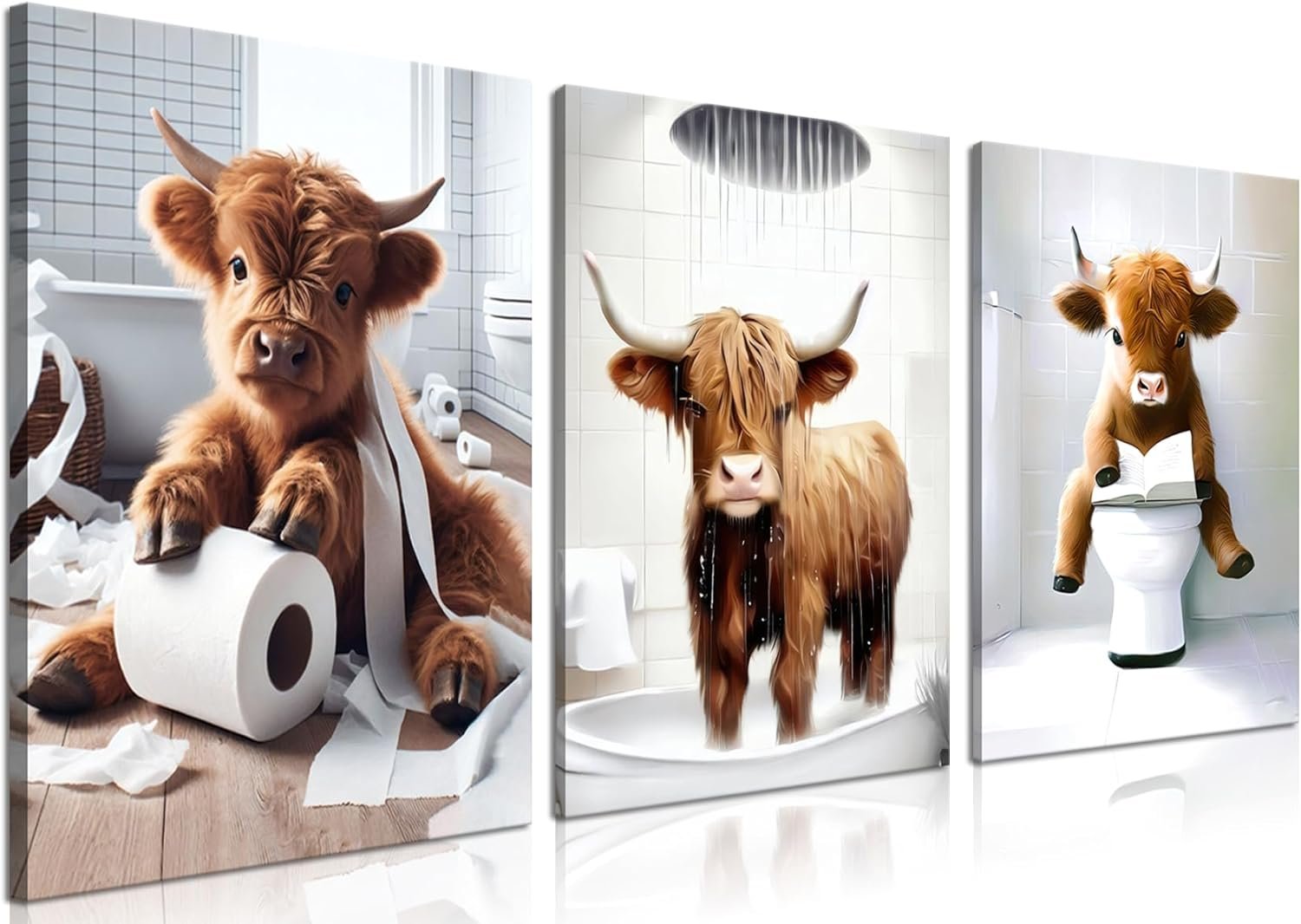 Funny Highland Cow Wall Art Set of 3, Rustic Farmhouse Bathroom Cow Pictures Wall Decor Painting, Brown Cute Cow Animal Canvas Posters Prints for Bathroom Restroom Home Decor Framed 12×16 Inch