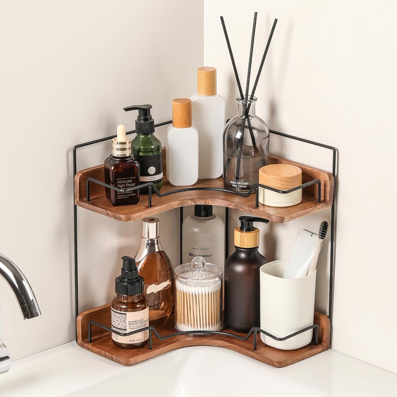 2-Tier Bathroom Counter Organizer, Wooden Corner Shelf for Vanity Countertop Skincare & Makeup, Storage and Organization for Kitchen