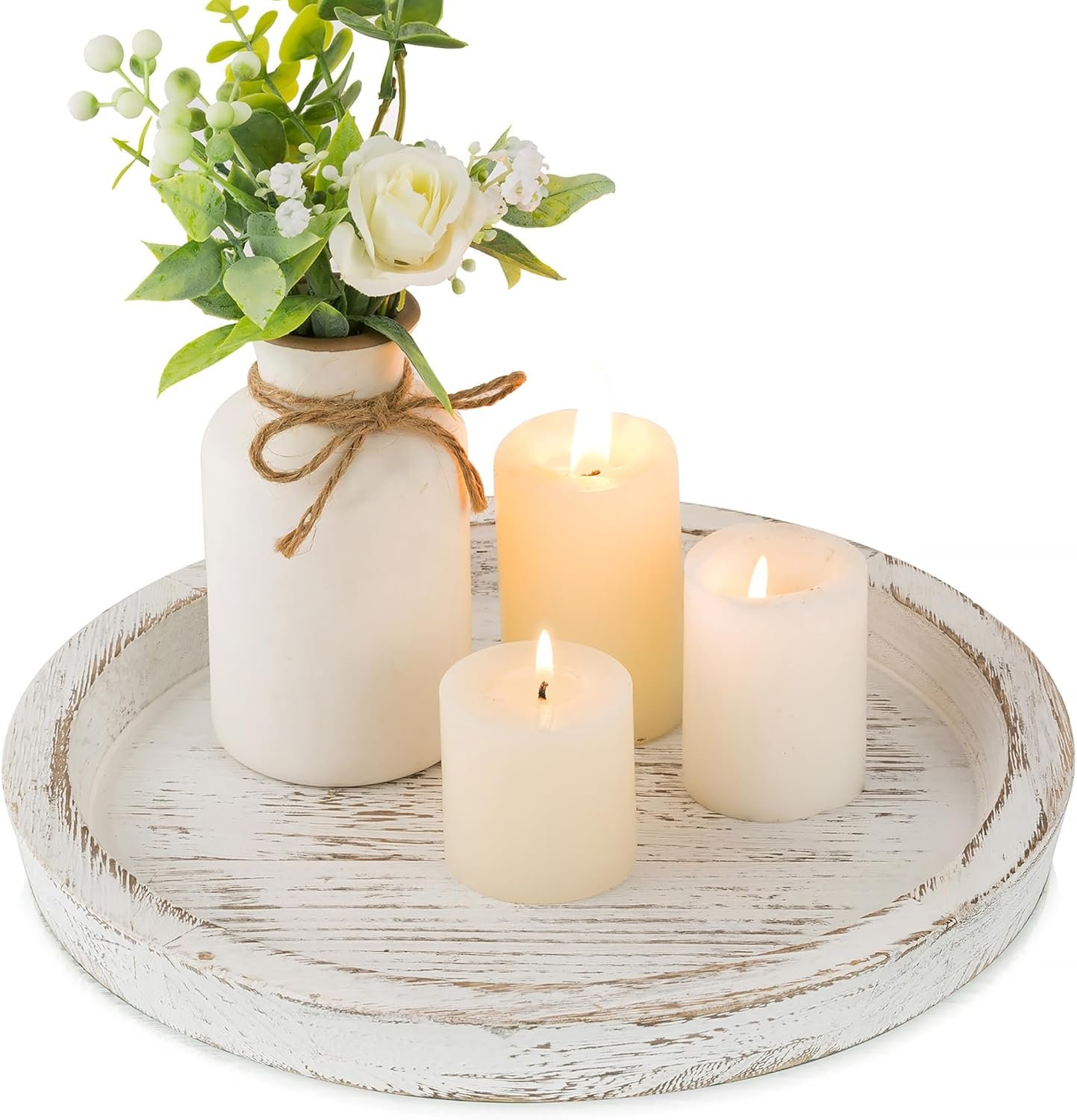 Hanobe Candle Plate Holder Tray: Round White Wood Decorative Tray Decor – Rustic Farmhouse CoffeeTable Decor – Tealight Pillar Trays for Home Decor