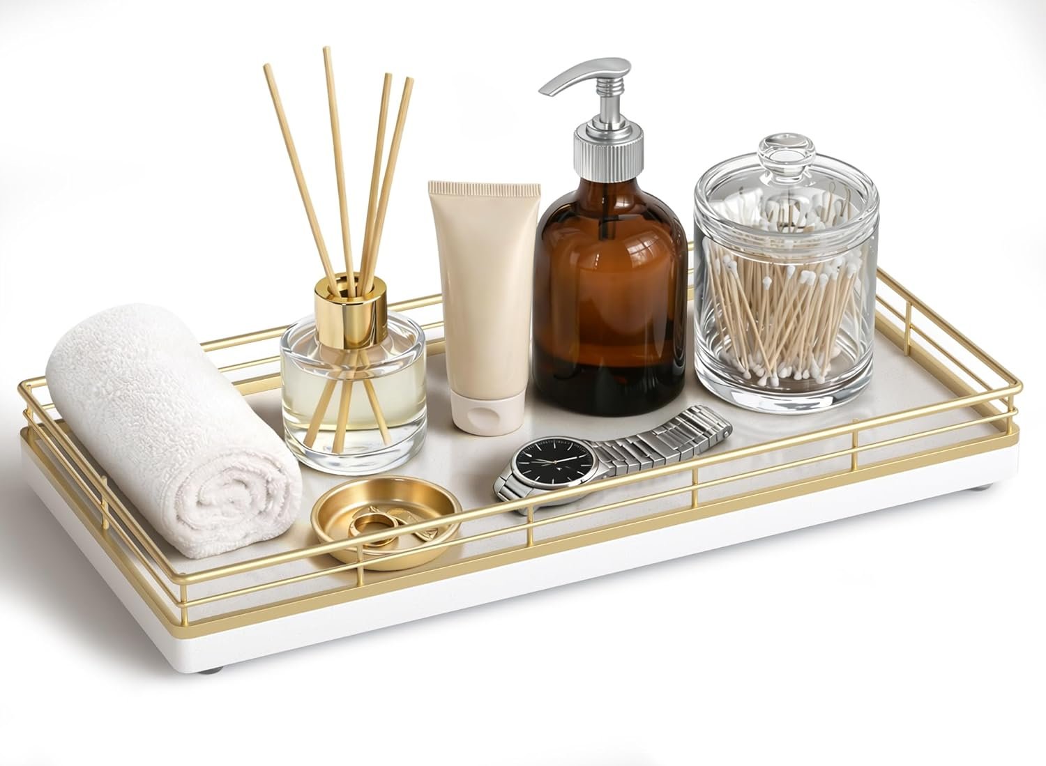 Bathroom Vanity Tray for Countertop, 12″ x 6″ Oak Wood Toilet Tank Tray with Metal Guardrail, Bathroom Organizer for Soap, Perfume & Skincare, Non-Slip Decorative Tray for Dresser, Gold & White