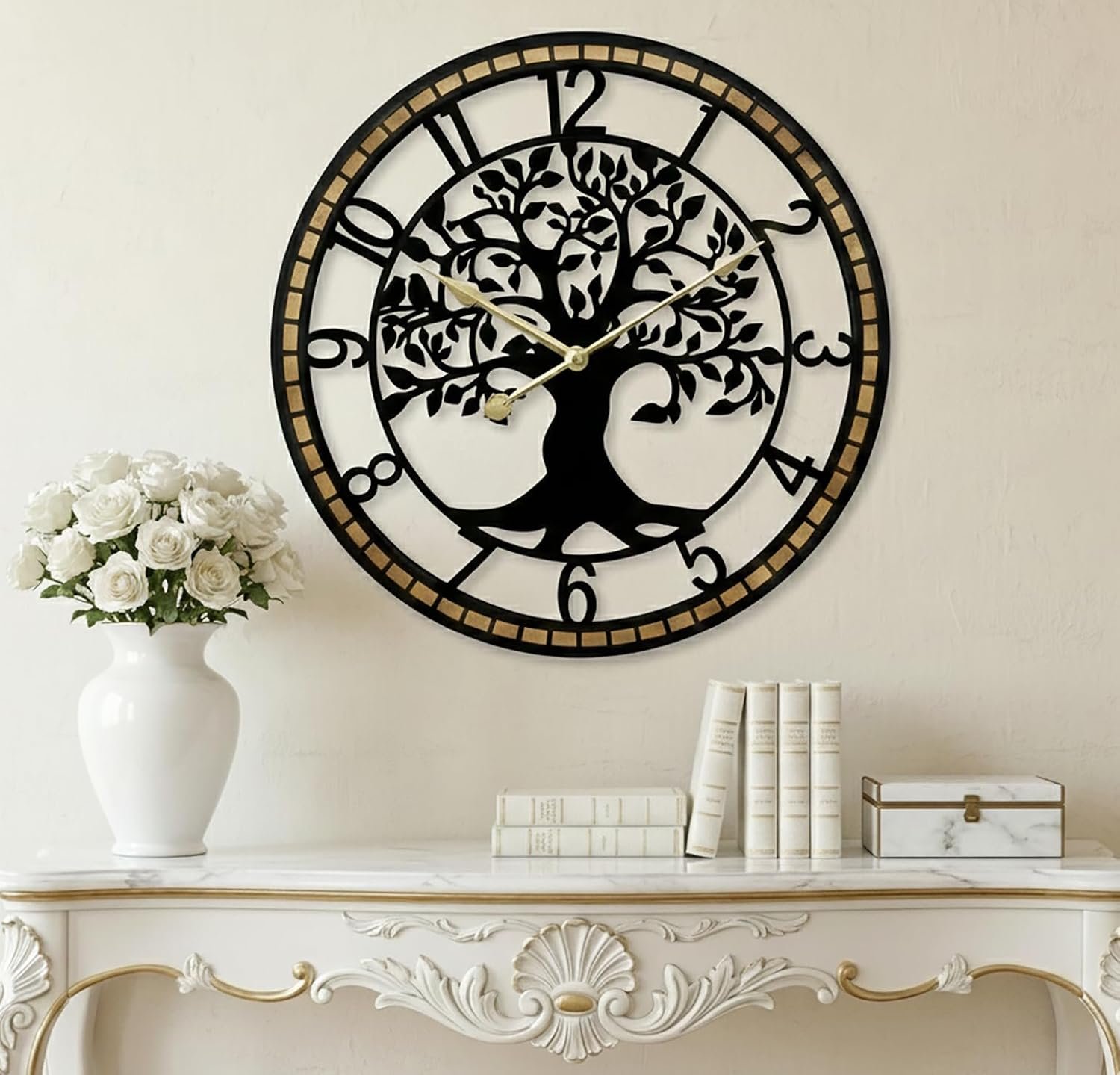 Large Wall Clock for Living Room Decor 22 Inch Tree of Life Metal Wall Art, Non-Ticking Battery Operated Metal Black with Solid Wood Frame for Office/Bedroom/Kitchen/Dining Room Decoration