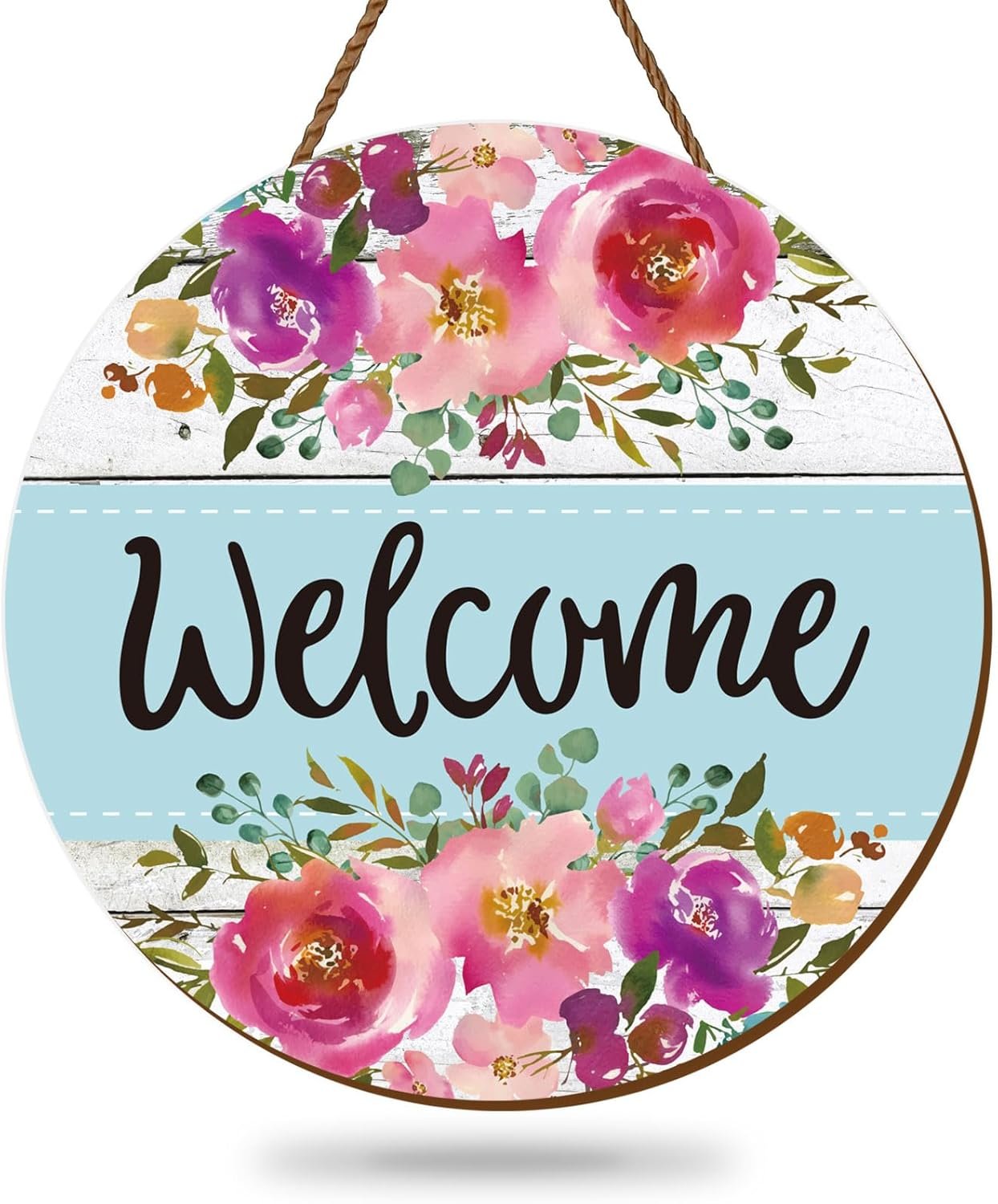 Whaline Spring Summer Flower Wooden Welcome Sign Rustic Watercolor Floral Hanging Front Door Sign for Indoor Outdoor Farmhouse Home Porch Window Wall Decor