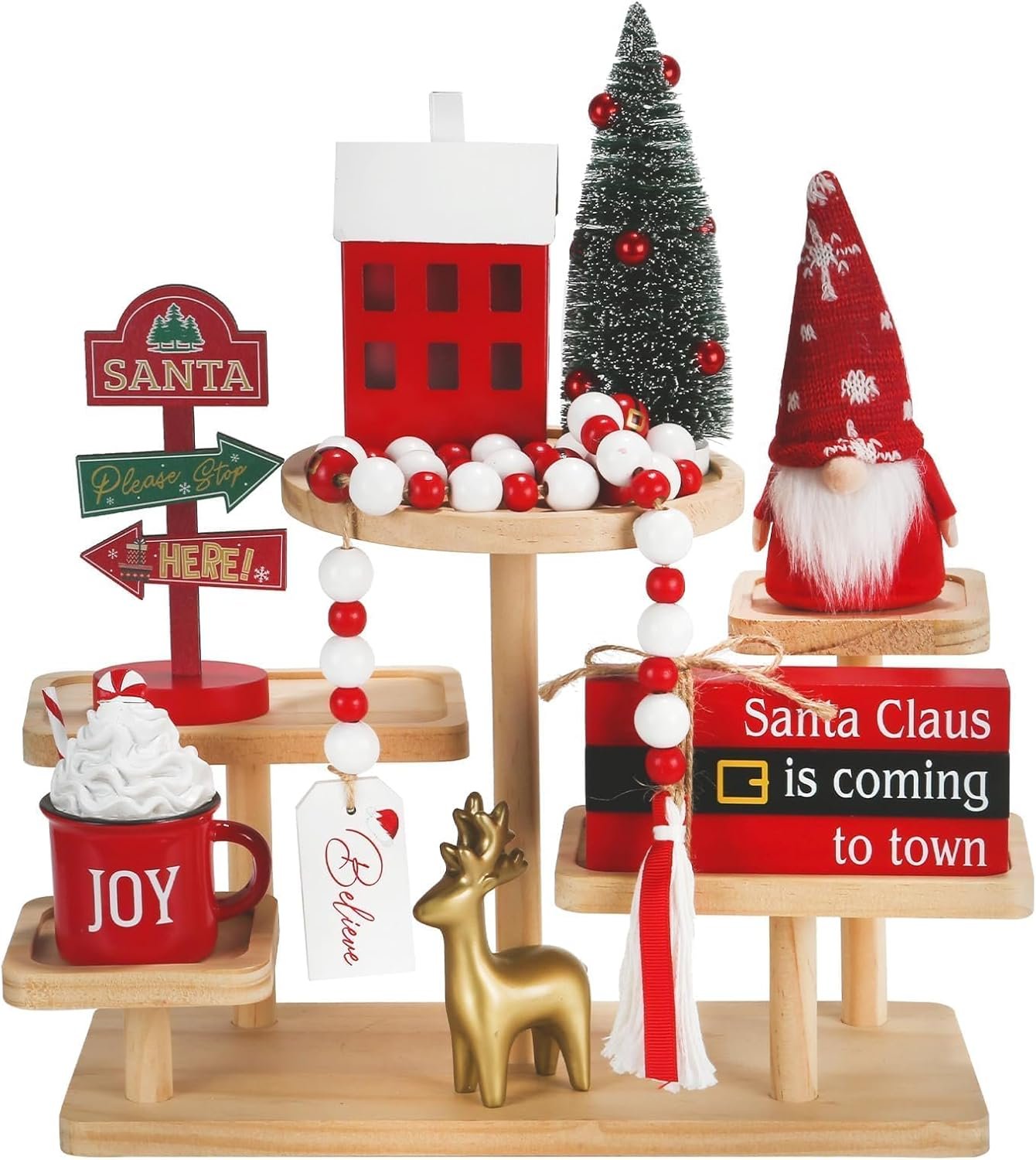 Christmas Decorations 8 PCS Tiered Tray Decor Set, Cute Tabletop Christmas Decor for Home Shelf Mantel Coffee Bar Office Xmas Table Centerpieces Tray Objects Holiday Decoration Set