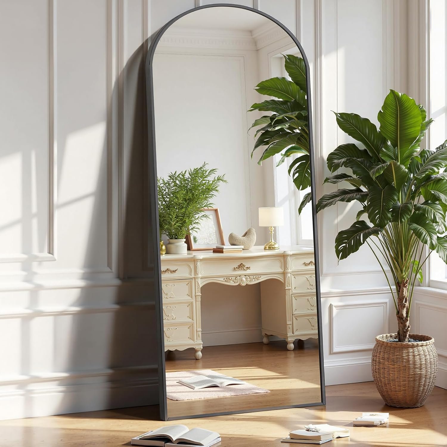 OLIXIS Black Arched Full Length Mirror 60″x16″ for Bedroom, Full Body Mirror with Stand, Hanging or Leaning for Wall, Aluminum Alloy Thin Frame Floor Standing for Living Room