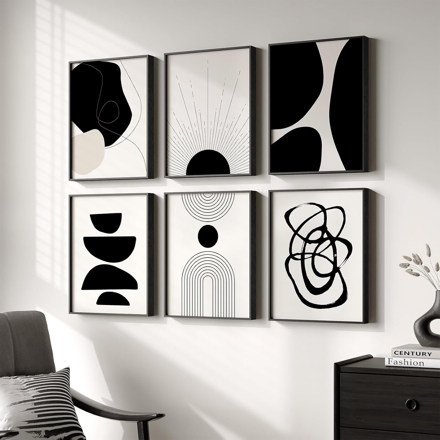 Framed Boho Black and White Abstract Wall Art, Set of 6 Modern Canvas Prints Paintings Artwork for Walls, Minimalist Geometric Pictures for Living Room Bedroom Office Bathroom Wall Decor 11×14 Inch