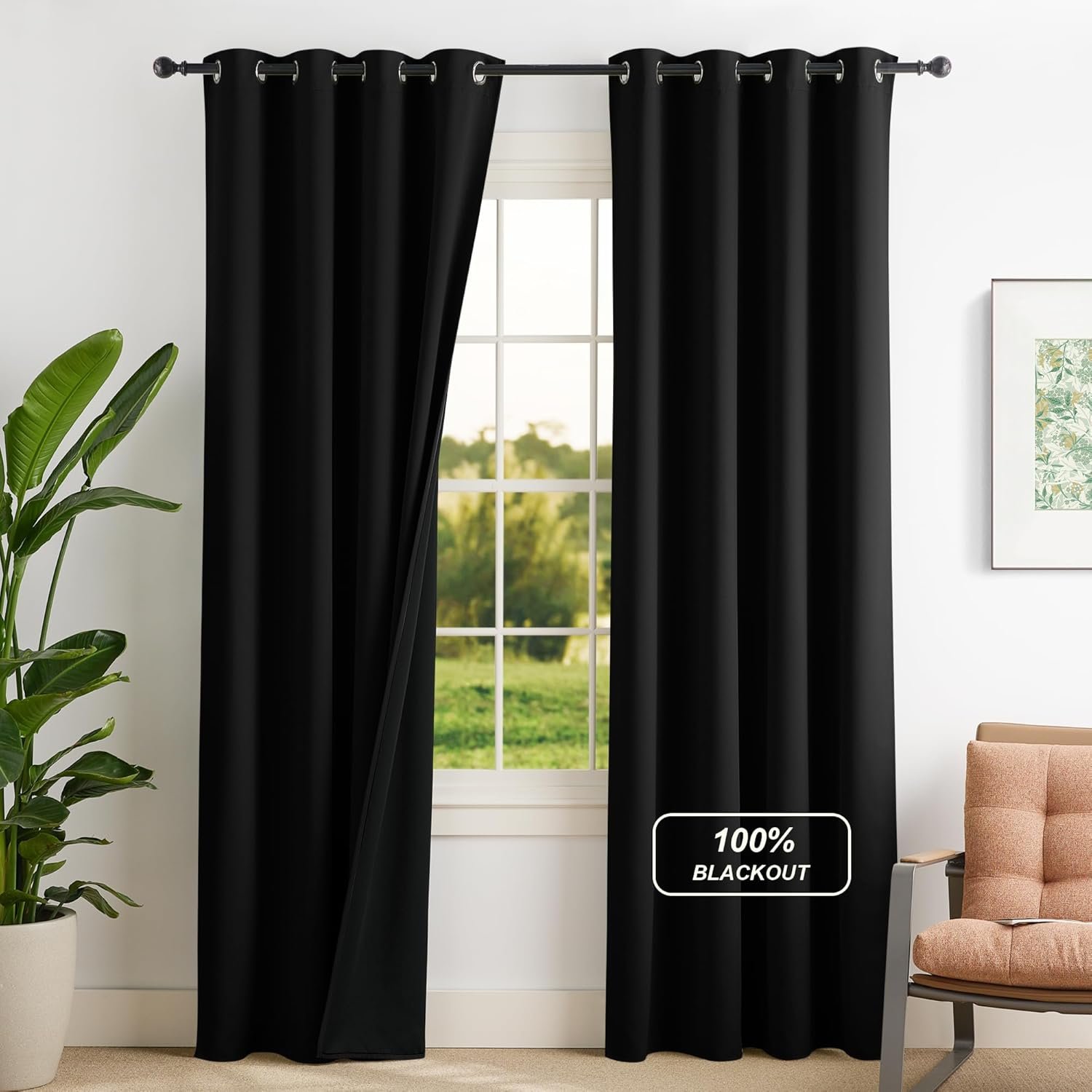 NICETOWN 100% Blackout Curtains for Bedroom, Room Darkening Plylux Black Curtains 84 Inch Long Thermal Insulated Grommet Window Drapes for Living Room, 52″ W x 84″ L, 2 Panels