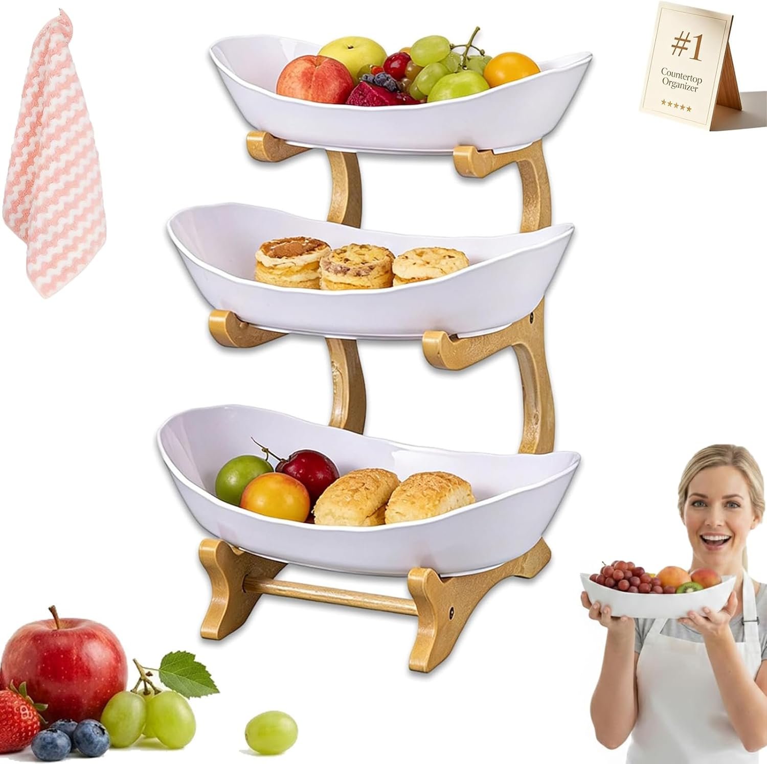 3 Tier Countertop Fruit Basket Organizer, Oval Fruit Basket with Bamboo Stand, Tiered Fruit Bowl for Kitchen Countertop, Space-Saving Organizer (White-3 Tier)