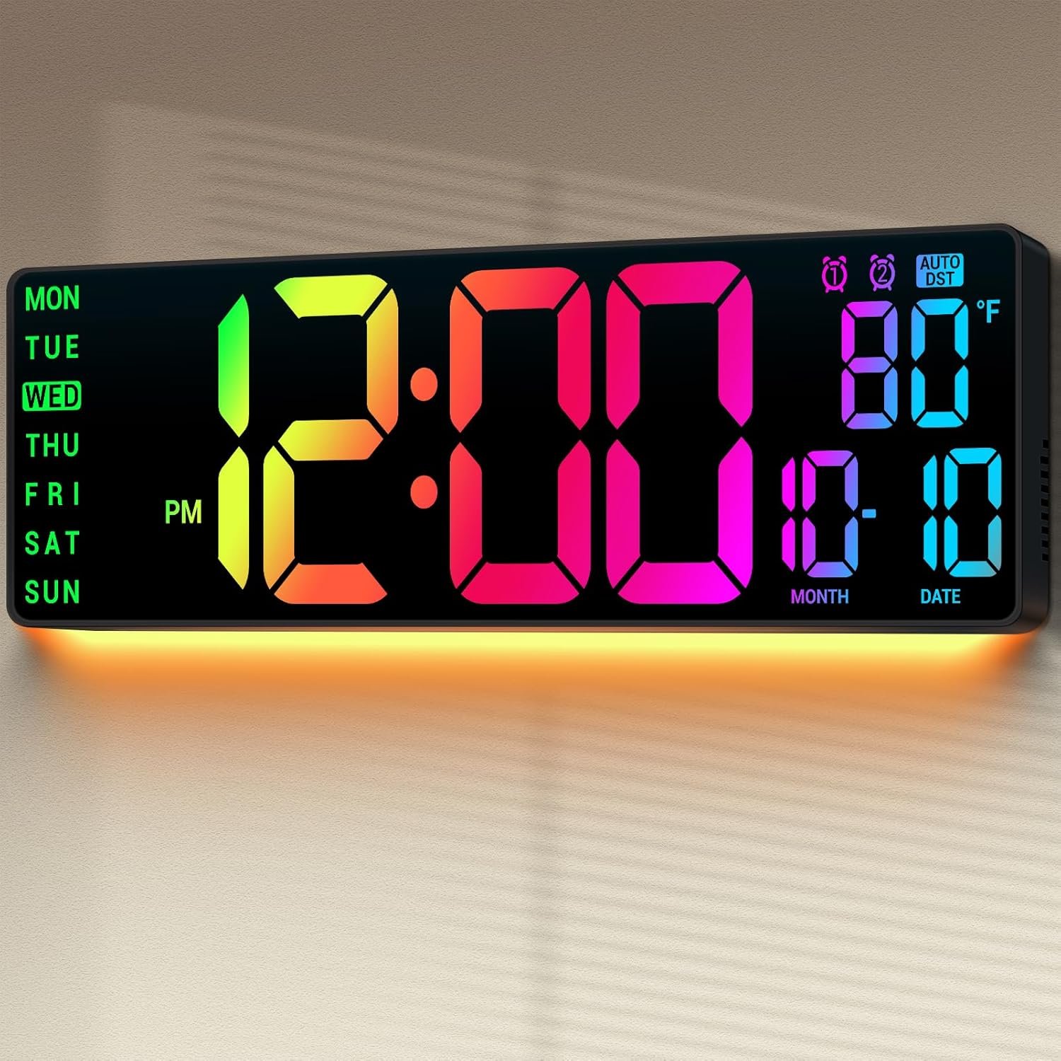 16.5″ Large Digital Wall Clock: 11 RGB Color LED Display with Remote Control, Auto DST, Temperature & Date, Big Number Wall Clock for Seniors, Classroom, Office, Gym, Home Decor Black